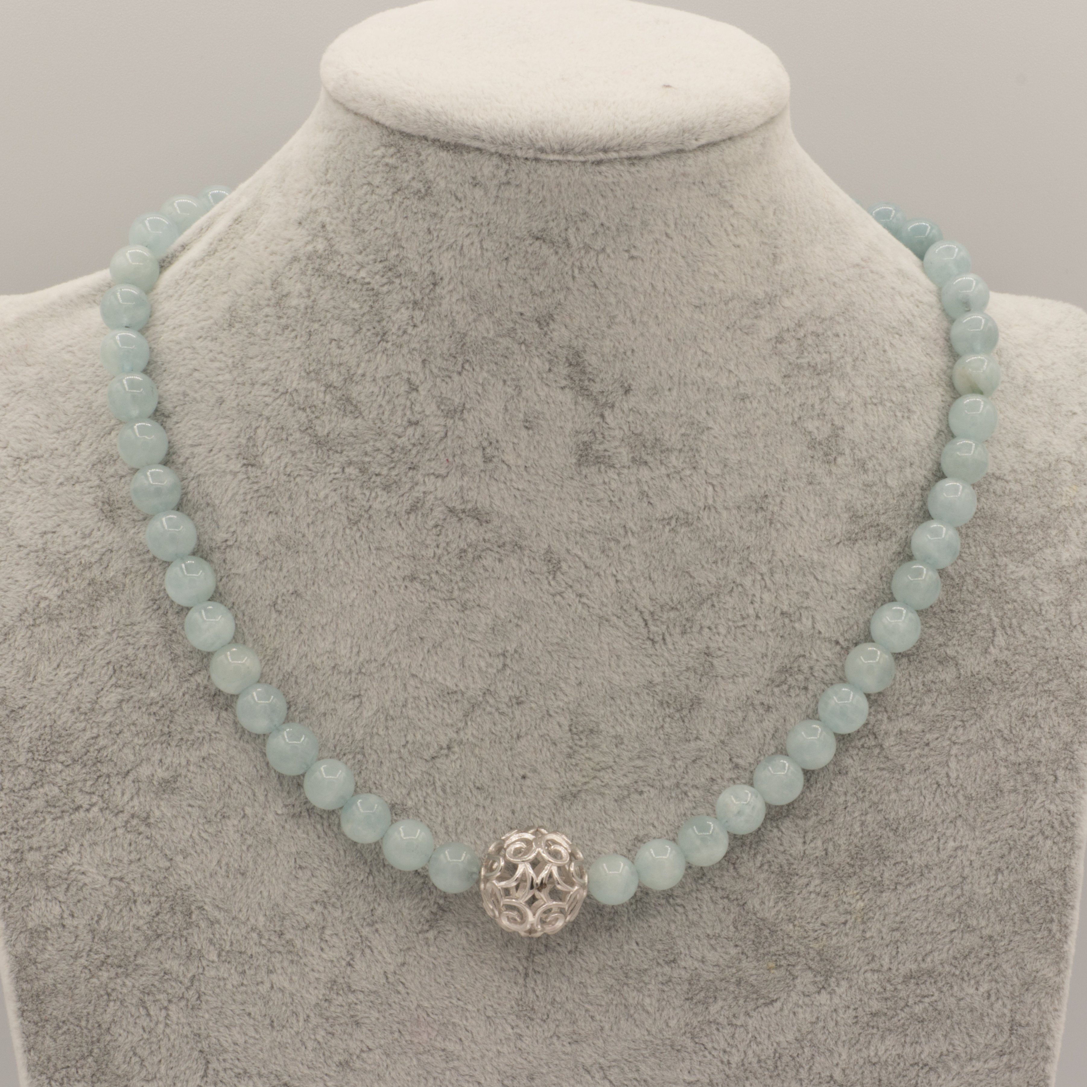 Perlenkette Kette mit 8 mm Aquamarin Perlen und großer Silber Perle, mit echten Aquamarin Perlen und einer großen Silberperle