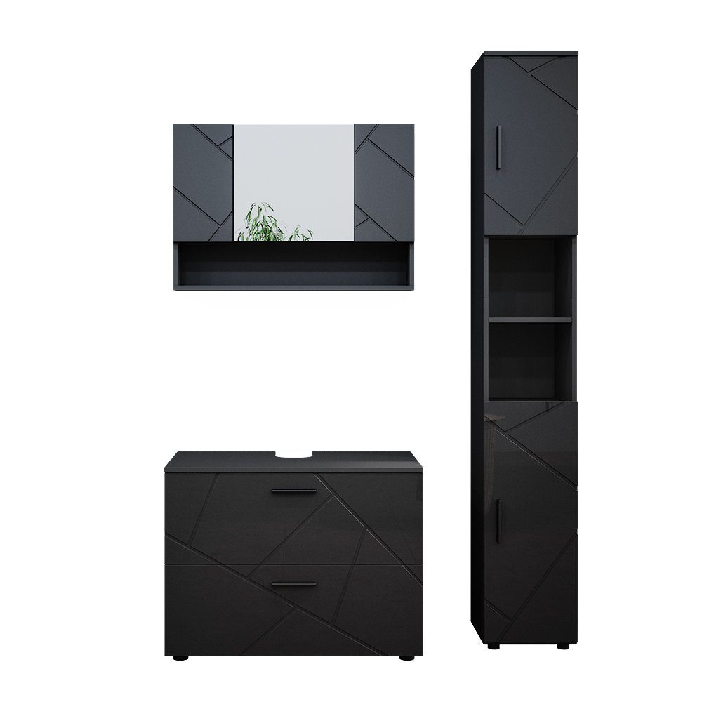 Vicco Badmöbel-Set Irma, Anthrazit Hochglanz, 3-teilig, (3-St., 3er Set)