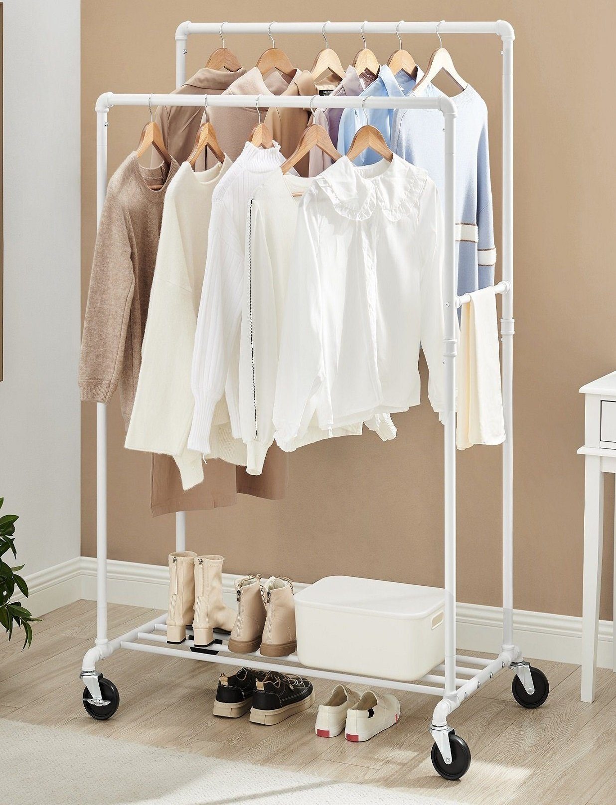 SONGMICS Kleiderständer, mit Kleiderstangen und Ablage, bis 90 kg belastbar Weiß