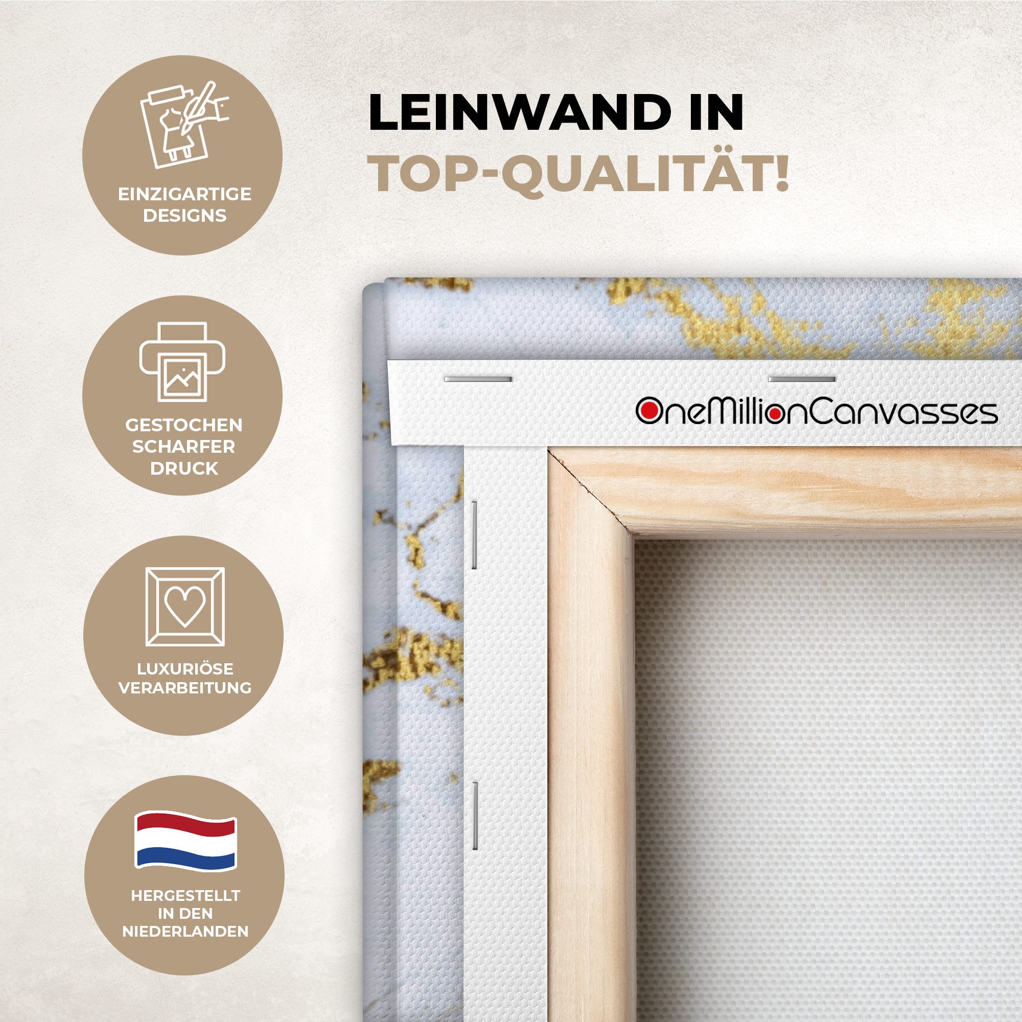 OneMillionCanvasses® Leinwandbild Panorama Marmor - Gold - Weiß - Luxe - Marmoroptik - Glitzer, Fotodruck (1 St), Wandbild, Deko Schlafzimmer Wohnzimmer Flur 40x20 cm