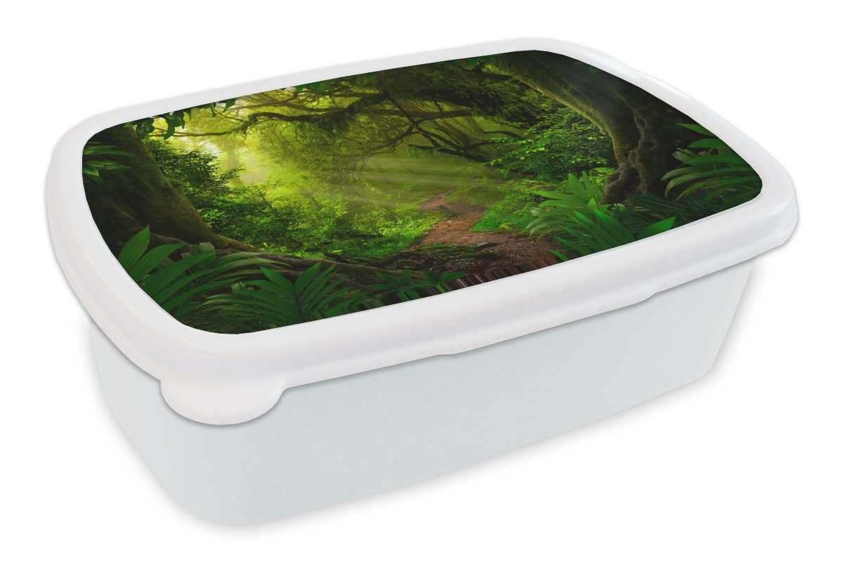 MuchoWow Lunchbox Dschungel Brotbox - Jungen und Mädchen Kinder - Asien für Mädchen für - Kunststoff, Brotdose, Pflanzen - - Jungs weiß Erwachsene, und Kind, (2-tlg)