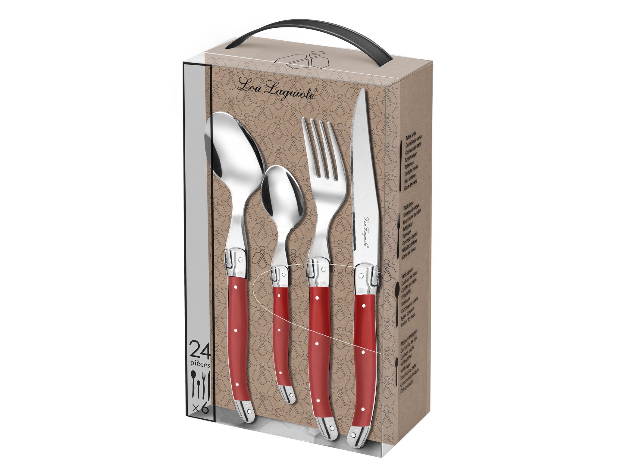 Lou Laguiole Besteck-Set TRADITION (24-tlg), 6 Personen, 13/0 18/0, rot, hochglanzpoliert