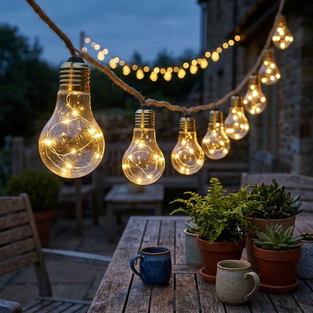 GLOBO LIGHTING Gartenleuchte, LED-Leuchtmittel fest verbaut, Warmweiß, Solarlichterkette 10x LED Glühbirnen Außenlampe Gartendeko amber