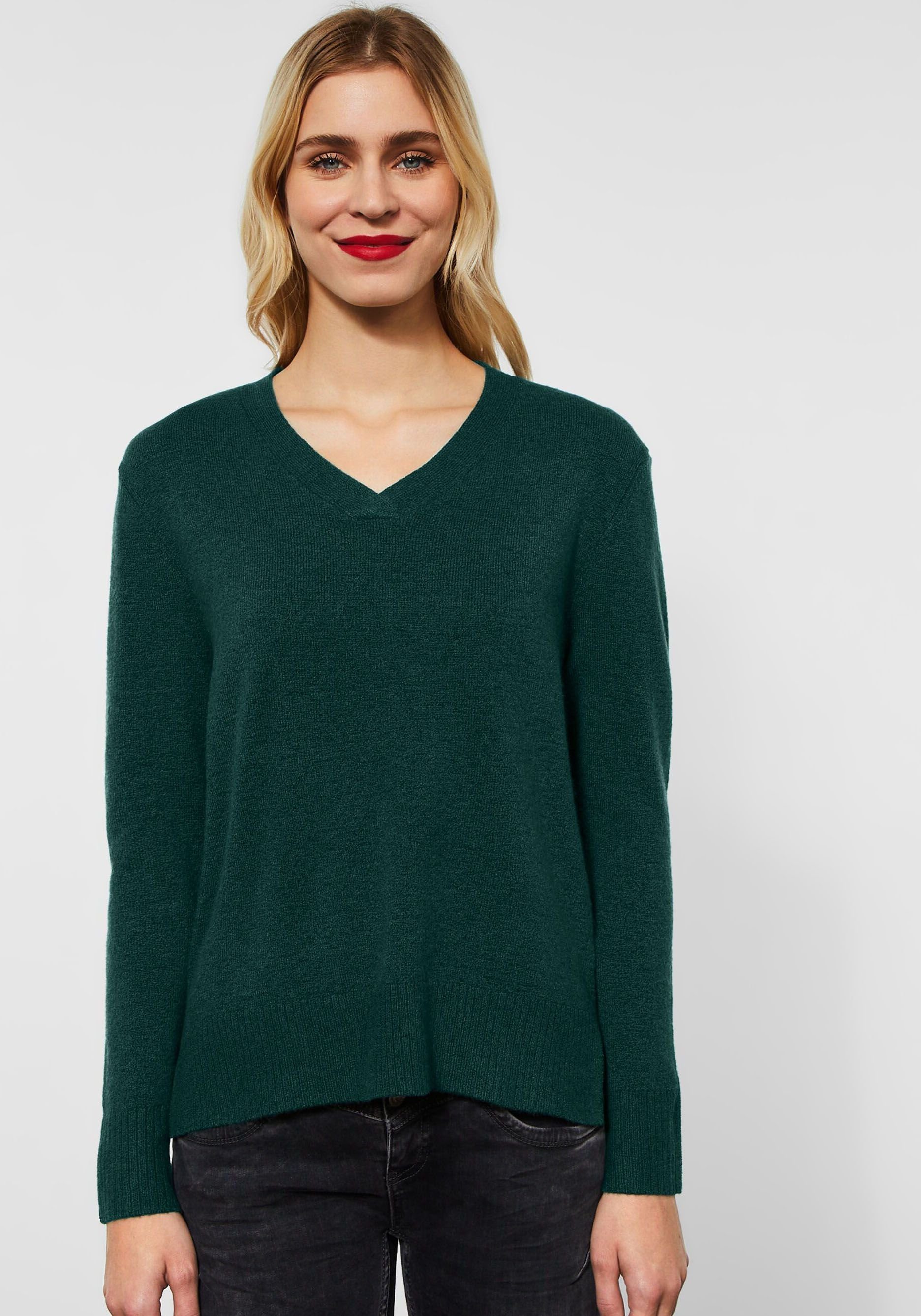 STREET ONE Strickpullover mit V-Ausschnitt beryl green melange