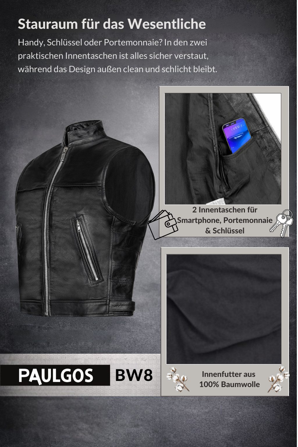 PAULGOS Motorradweste Lederweste Biker Kutte Clubweste Chopper Weste 100% Echtleder - BW8