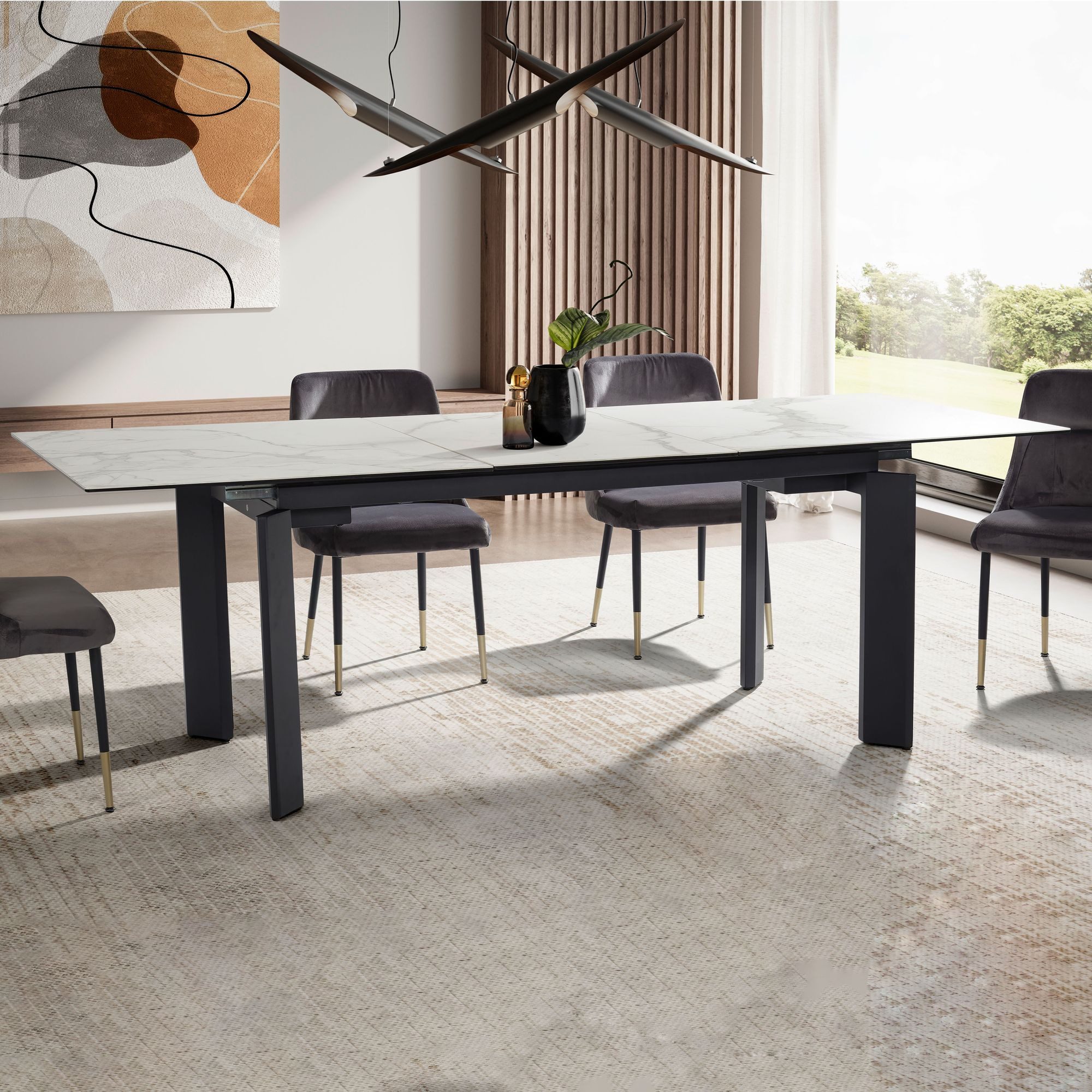 FINEBUY Esstisch FB64129 Ausziehbarer 180–240 cm Glas-Keramikplatte Metallgestell (Ausziehbar, 180x95x77 cm Weiß Glas Keramik), Glastisch Esszimmer, Esszimmertisch Metallbeine