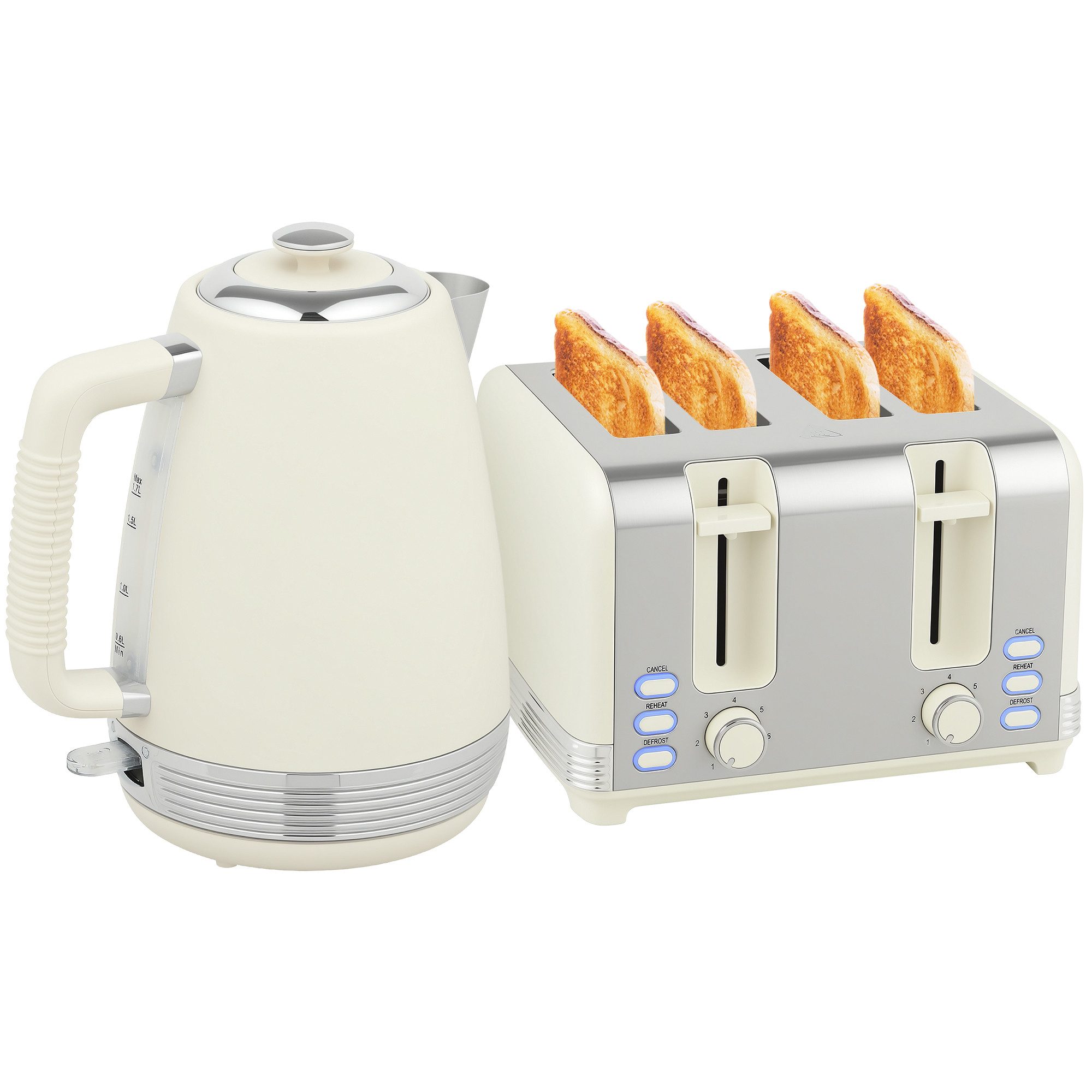 HOMCOM Toaster 1.7 Liter, Strix Thermostat, Filter, Kocher-Toaster-Set, für Frühstückszubereitung, 2200 W, 7 Bräunungsstufen, Krümelfach, Cremeweiß