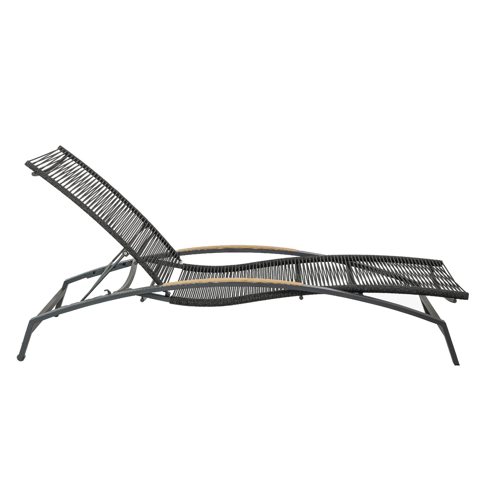 CASA DOMA Gartenliege Mineo, Sonnenliege 4-fach verstellbar, 2 Rollen, Edelstahl anthrazit, Teakholz-Armlehnen, Rope-Bespannung