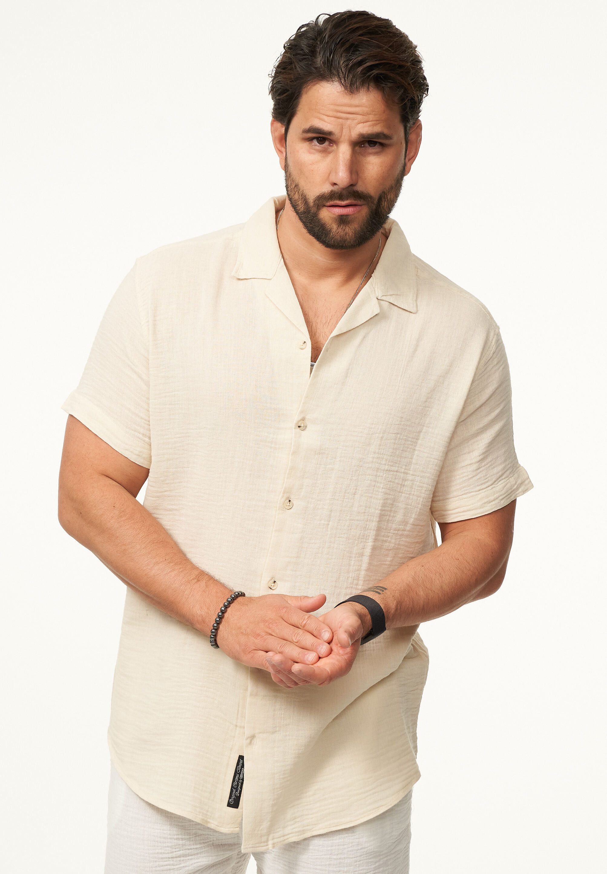 CARISMA Kurzarmhemd im Vintage Summer-Look in Crinkle Optik Herren luftig leichtes Kurzarm Feinstrick Polo-Hemd T-Shirt