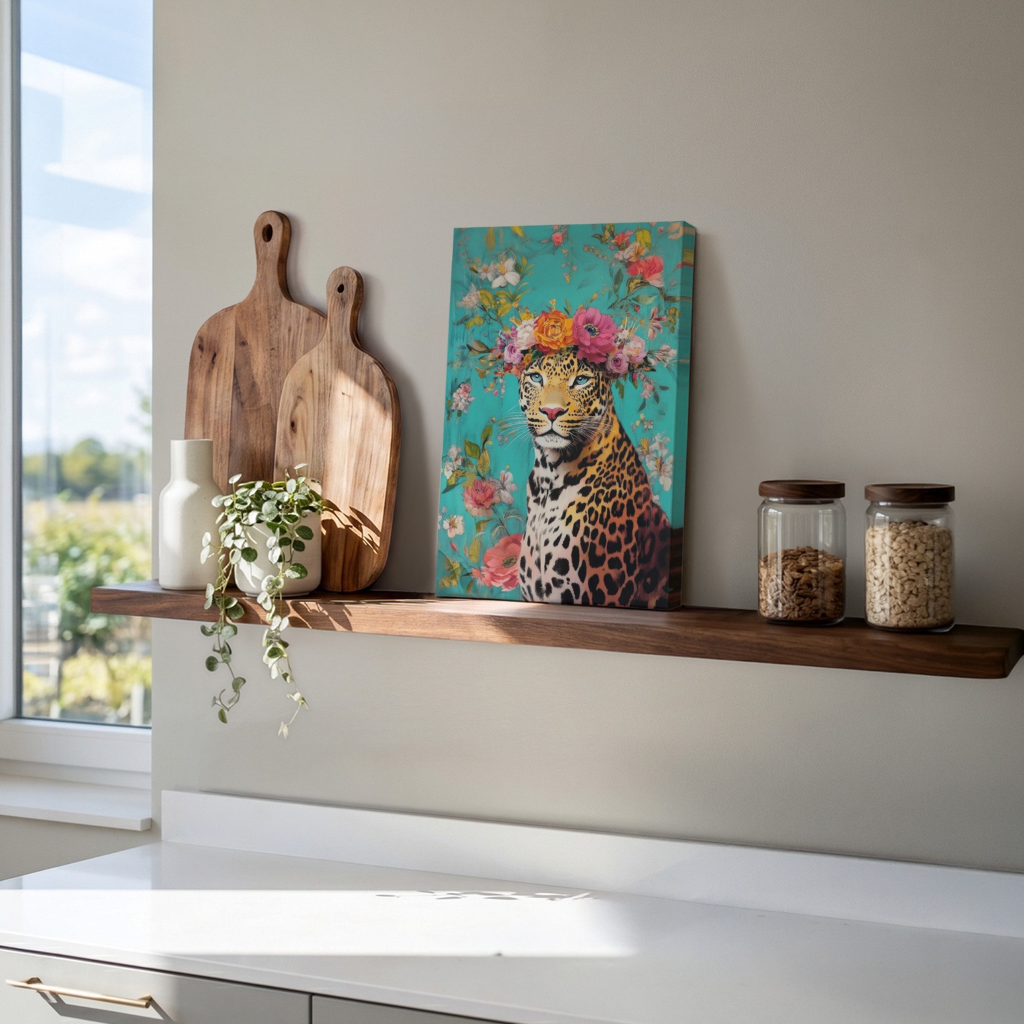 OneMillionCanvasses® Leinwandbild Leopard - Blumen - Krone, Fotodruck (1 St), Leinwand Canvas Wandbild, Wanddekoration 20x30 cm – Bild 5 von 5