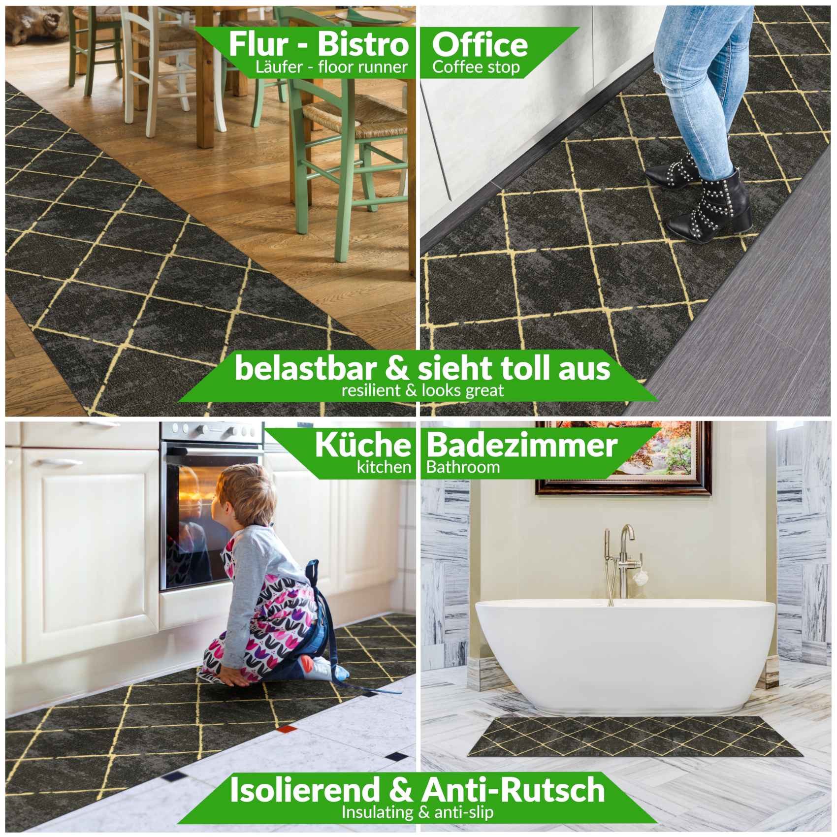 ANRO Küchenläufer AYDI Teppichläufer Premium Läufer Textil, Eckig, Bodenläufer 100x50cm Karo Schwarz pflegeleicht