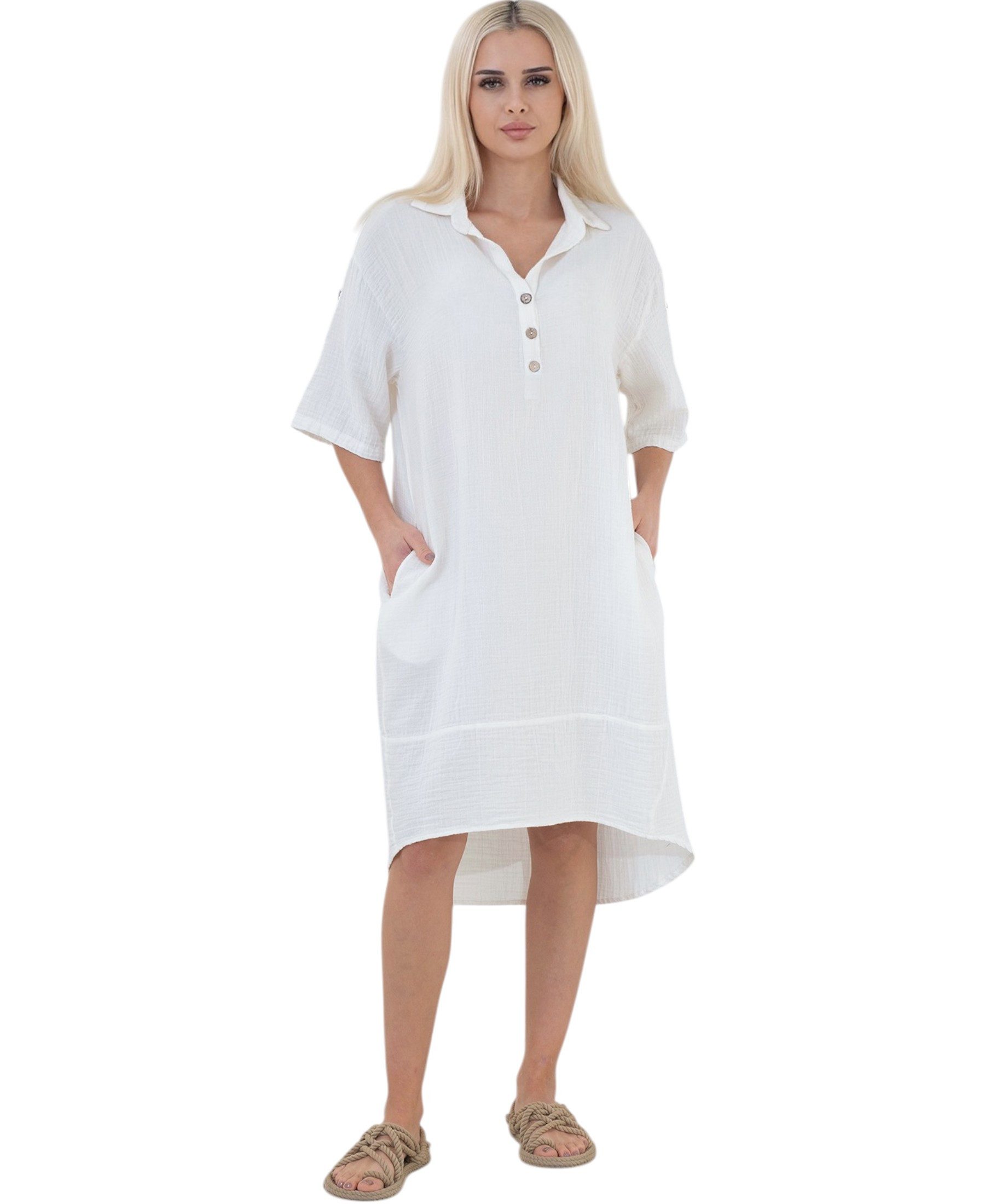 WENOR Blusenkleid Musselin Damen Tunika Kleid Baumwolle Oversize Sommerkleid Locker geschnitten mit Hemdkragen, Knopfleiste und Seitentaschen