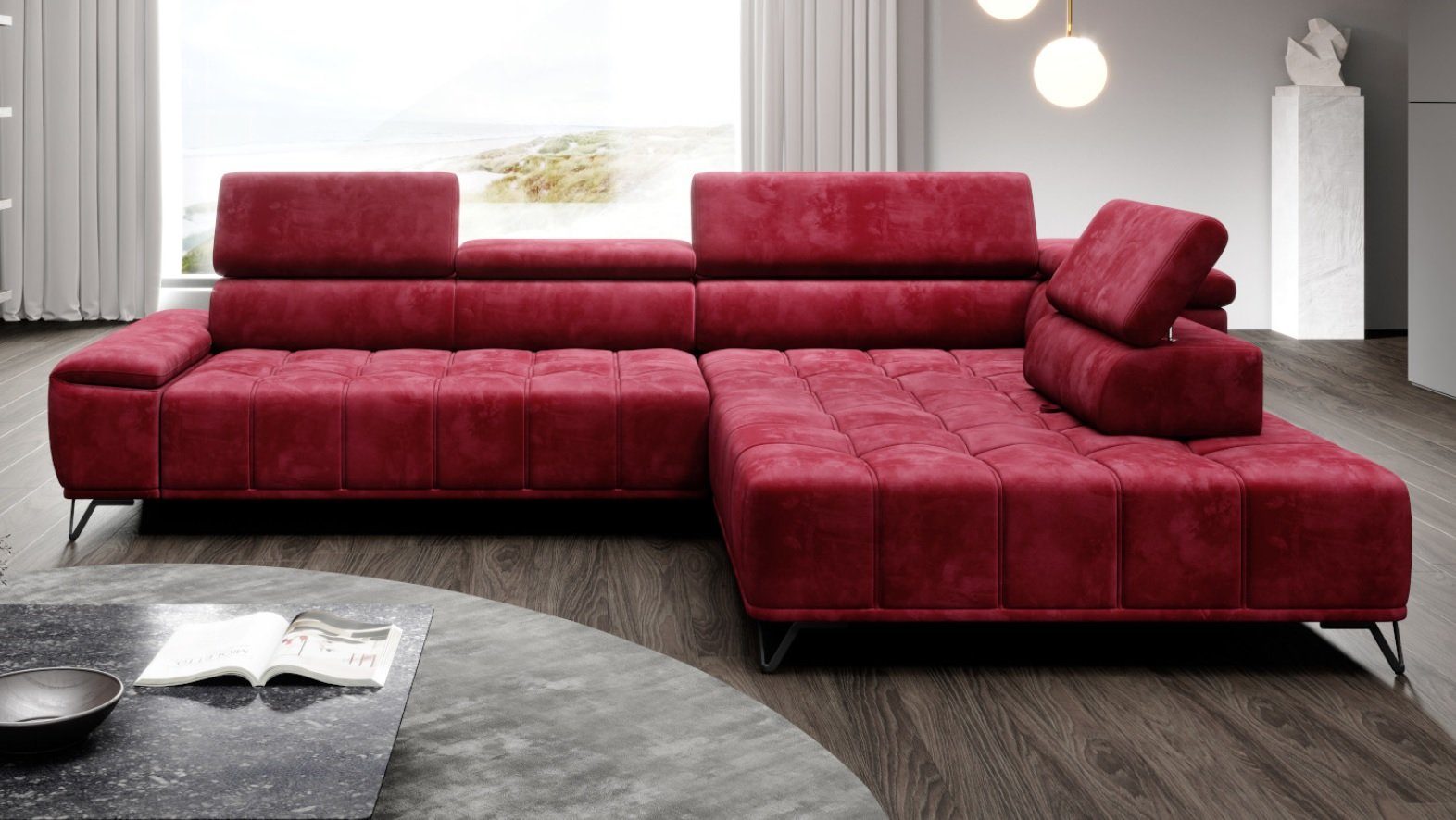 Sofa Dreams Ecksofa Funktionssofa Davino L Form rot, mechanisch verstellbare  Kopfstützen, elektrisch verstellbare Sitztiefe