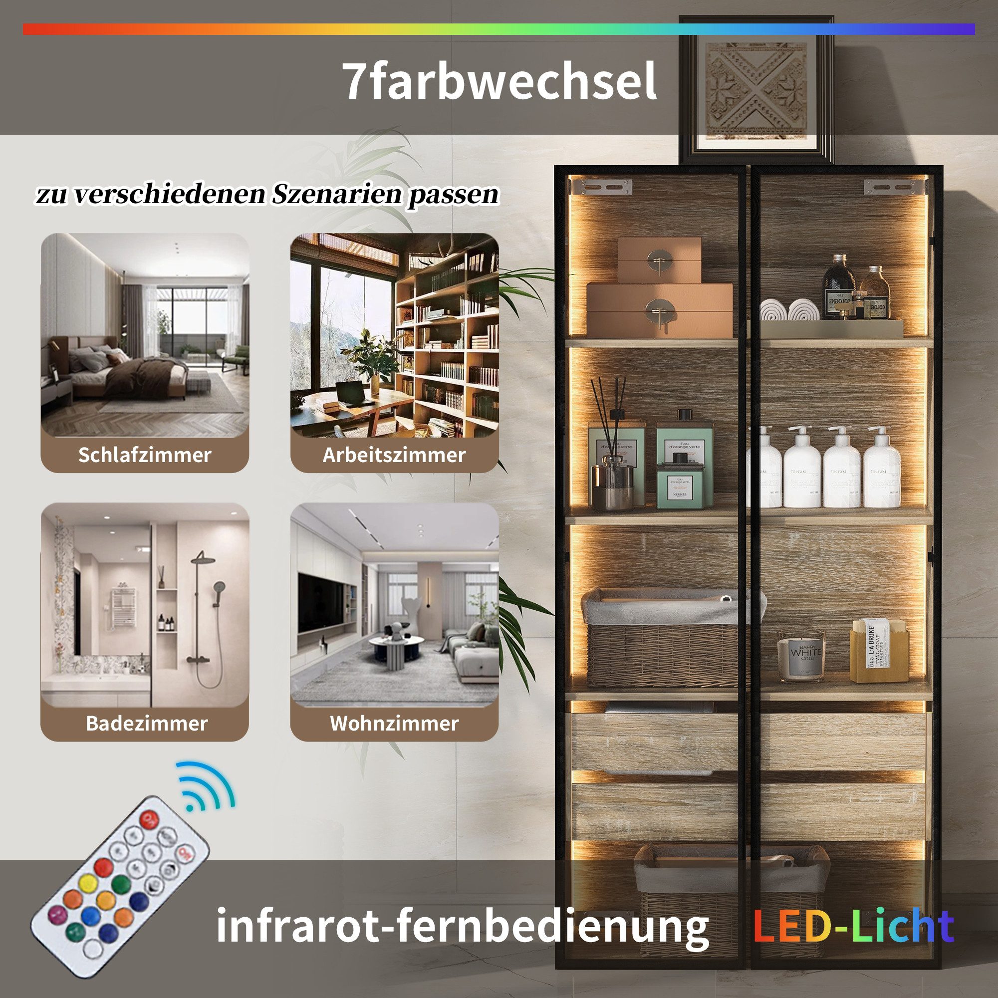 Flieks Vitrine Glasvitrine mit LED-Beleuchtung und 4 Fächern Hochschrank (1-St., B74/T36/H155 cm) Wohnzimmerschrank mit Schubladen und Glastüren Sammlervitrine – Bild 5 von 5