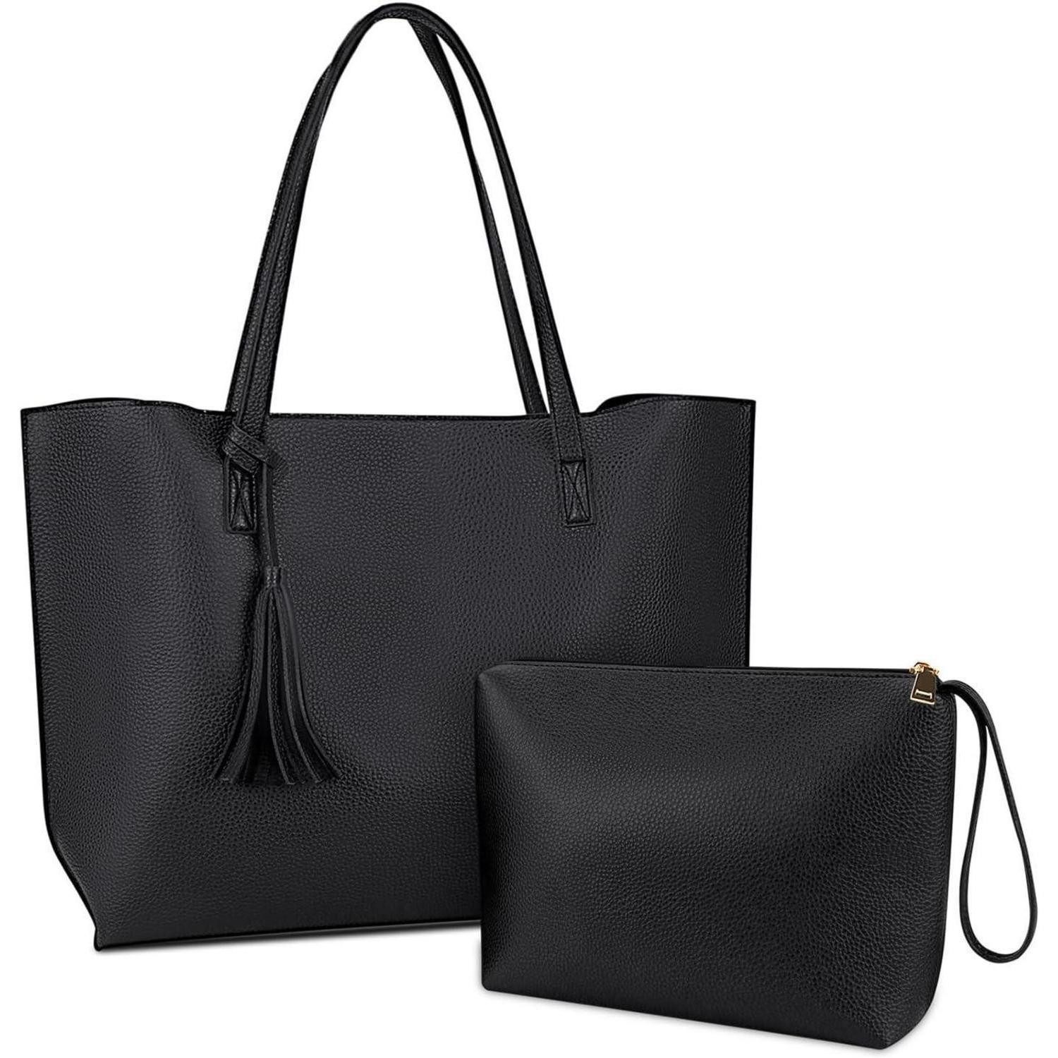 Shopper Schwarze Leder Handtasche Damen Shopper Henkeltasche Set