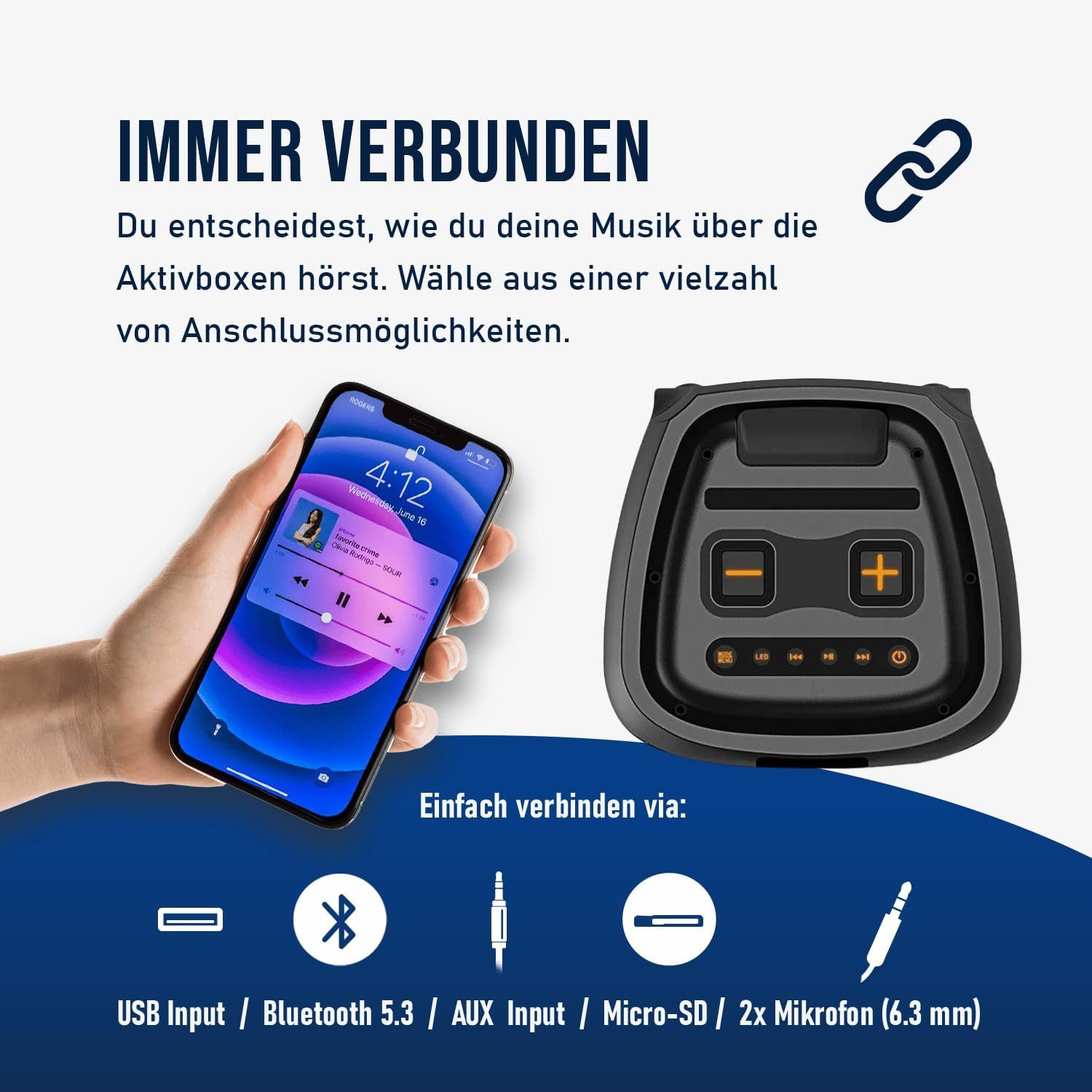 fontastic Bluetooth Party Speaker 100W RMS TWS LED mit Mikrofon & Trolley Bluetooth-Lautsprecher (100 W)