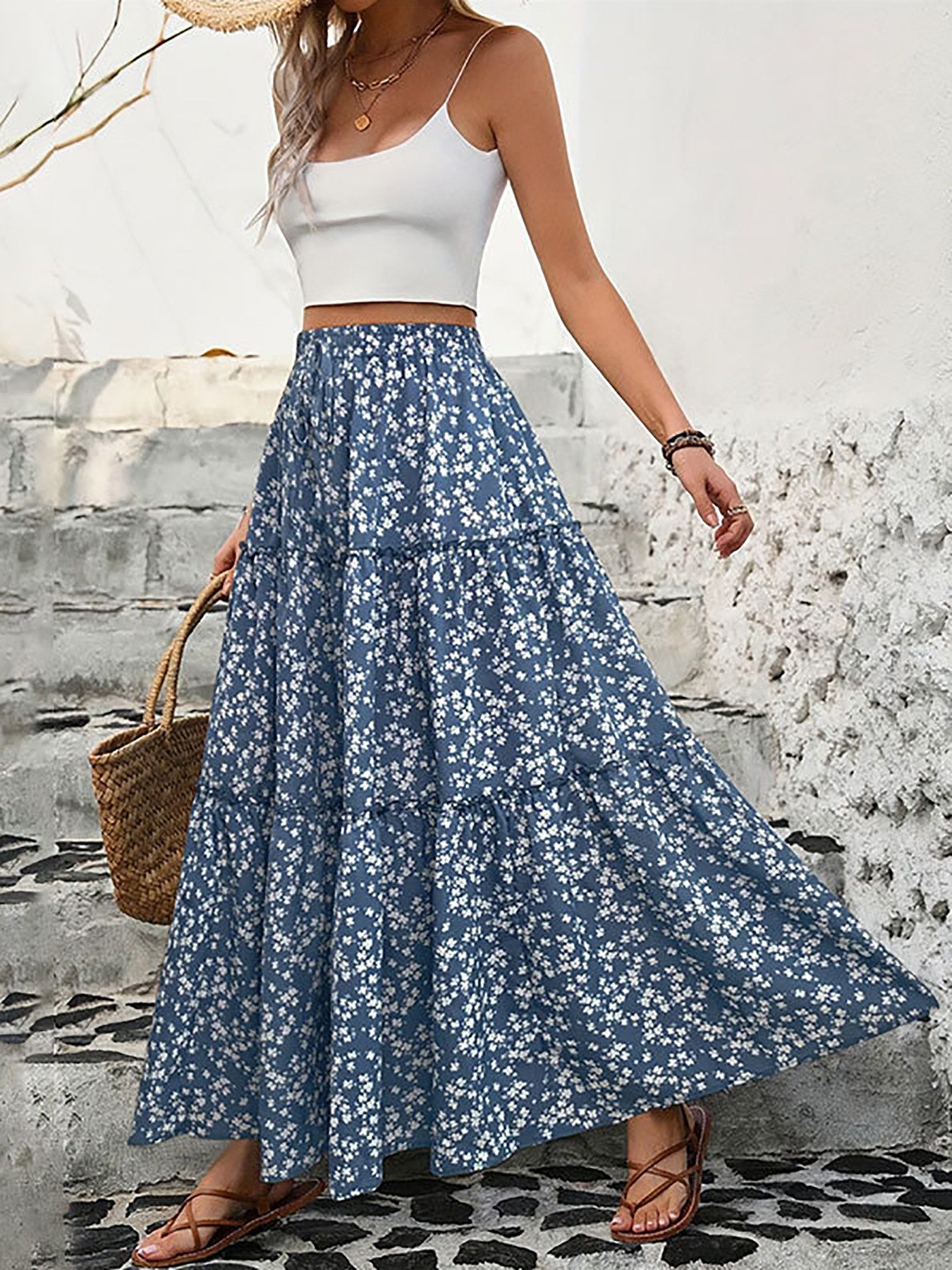 DEBAIJIA Midirock Damen Maxirock Sommer Floral Gedruckt Elegant Lange Röcke