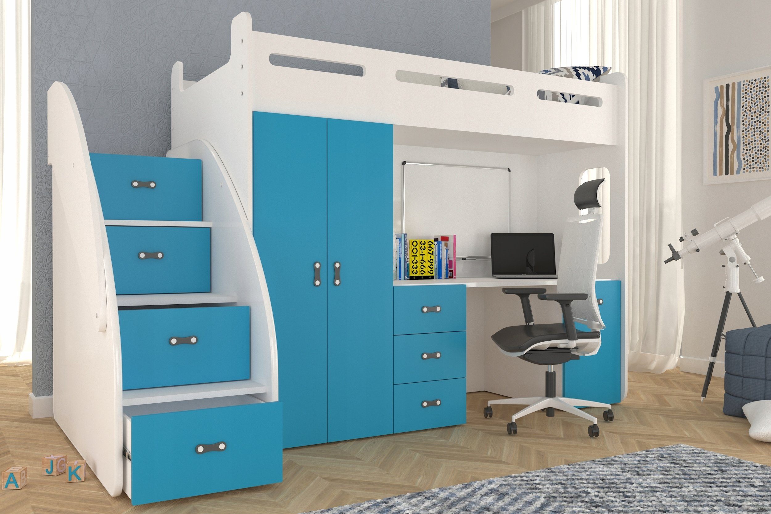 Unique Home Hochbett Hochbett ZU PL mit Matratze, Schreibtisch, Kleiderschrank Farbe wählbar Weiß/Blau