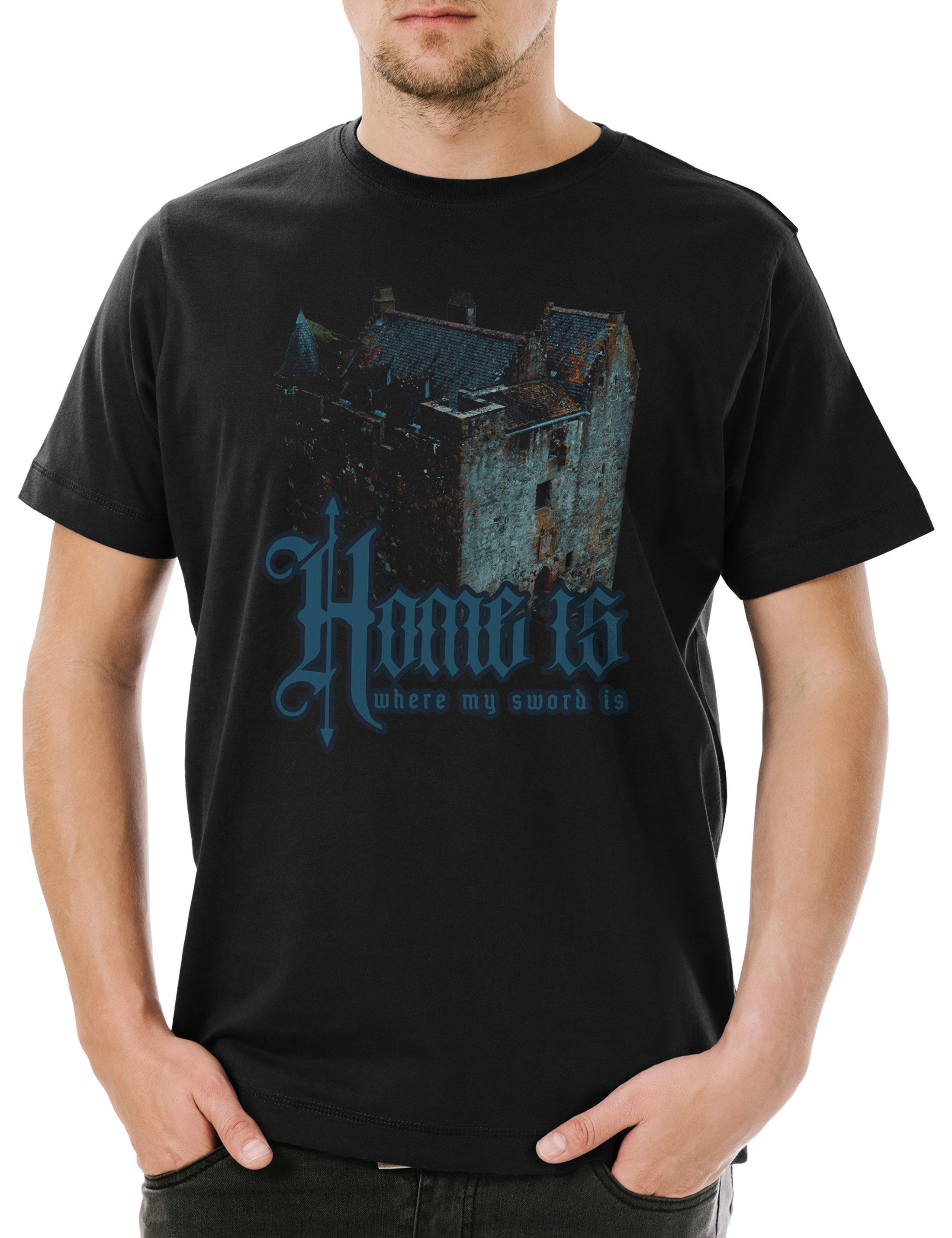 Urban Backwoods Print-Shirt Home Is Where My Sword Is Herren T-Shirt Burg Castle Schwert Larp (1-tlg) Knight Ritter Seven 7