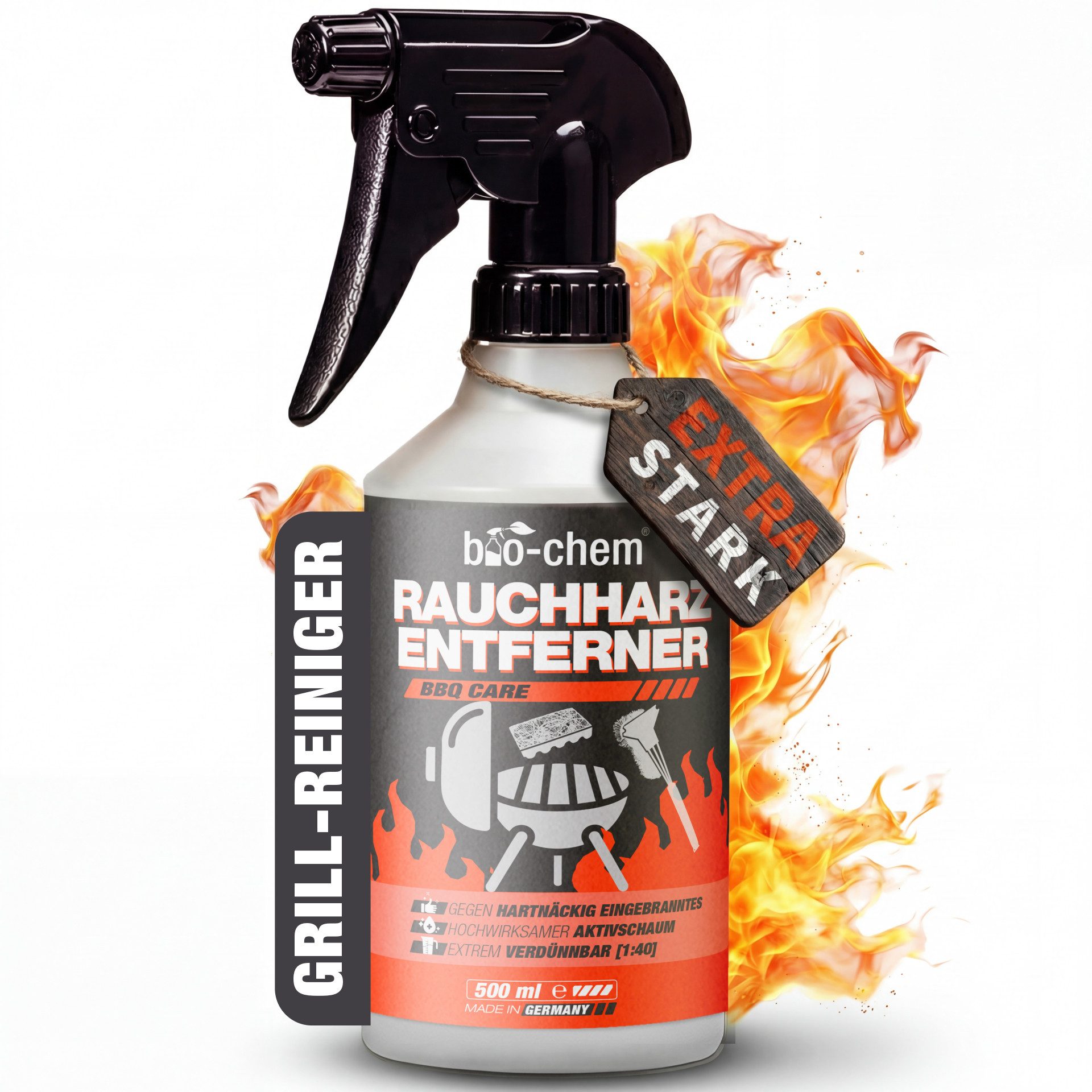 bio-chem Grillreiniger Rauchharzentferner extra stark gegen Eingebranntes 500ML Grillreiniger (Einzelprodukt, [- Rauchharz-Entferner 0.5 l Handsprayflasche Extreme Fettlösekraft für hartnäckigste Ablagerungen)