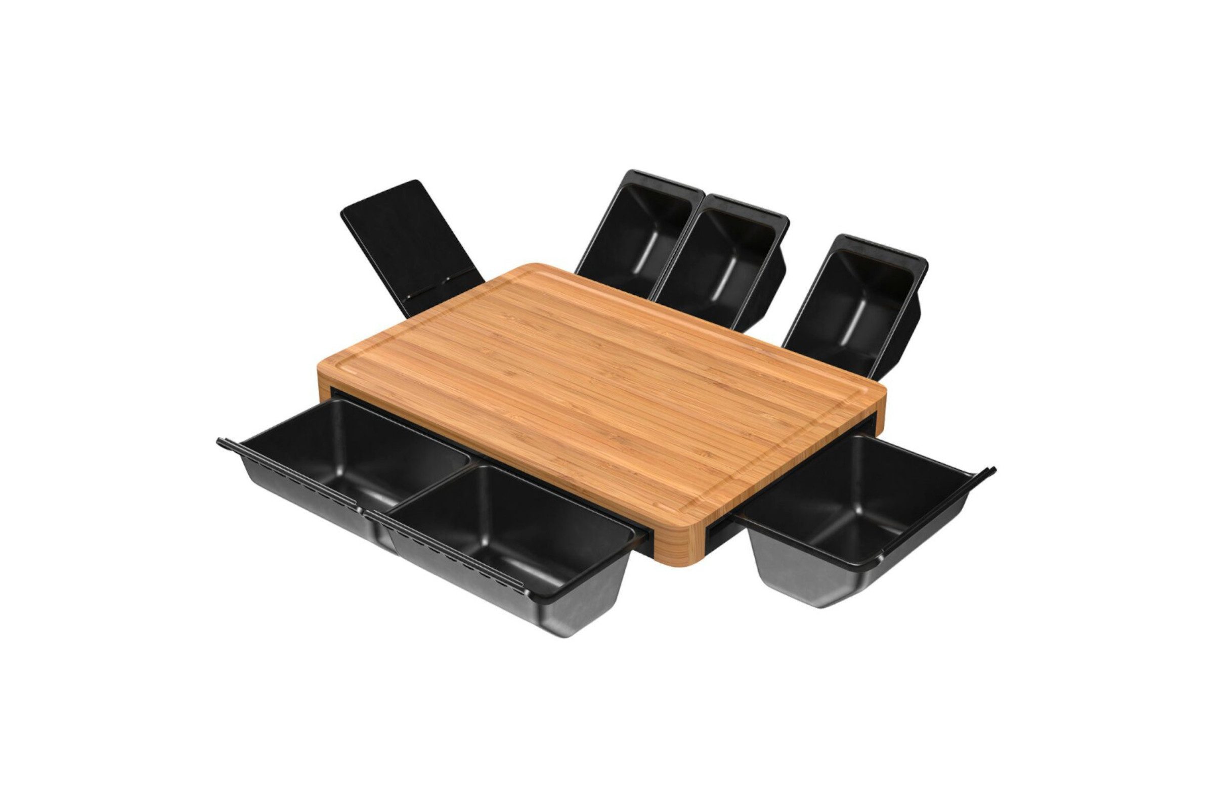 Ernesto Schneidebrett Ernesto Bambus Multifunktionales Schneidebrett mit Auffangbehältern, Bambus, ABS, (Schneidebrett-Set, 8-St., 8-teilig: Schneidebrett, Halter, 3 große + 3 kleine Behälter), Mit Smartphone-/Tablet-Halter und 6 stapelbaren Behältern