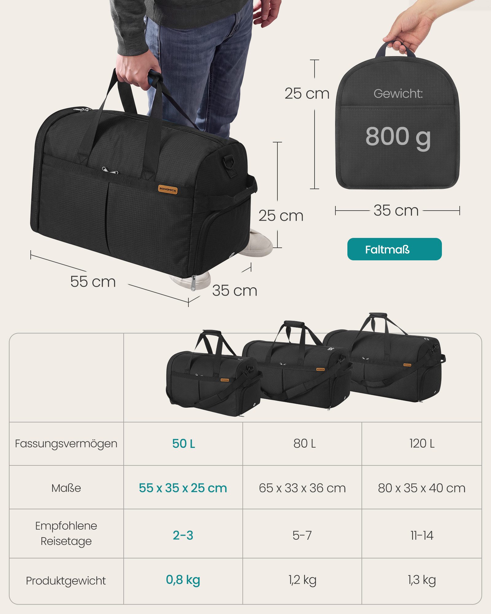 SONGMICS Reisetasche Reisetasche mit Schuhfach & Nassfach, Faltbare Sporttasche Weekender, 50 L, 55 x 35 x 25 cm, Schwarz – Bild 5 von 5