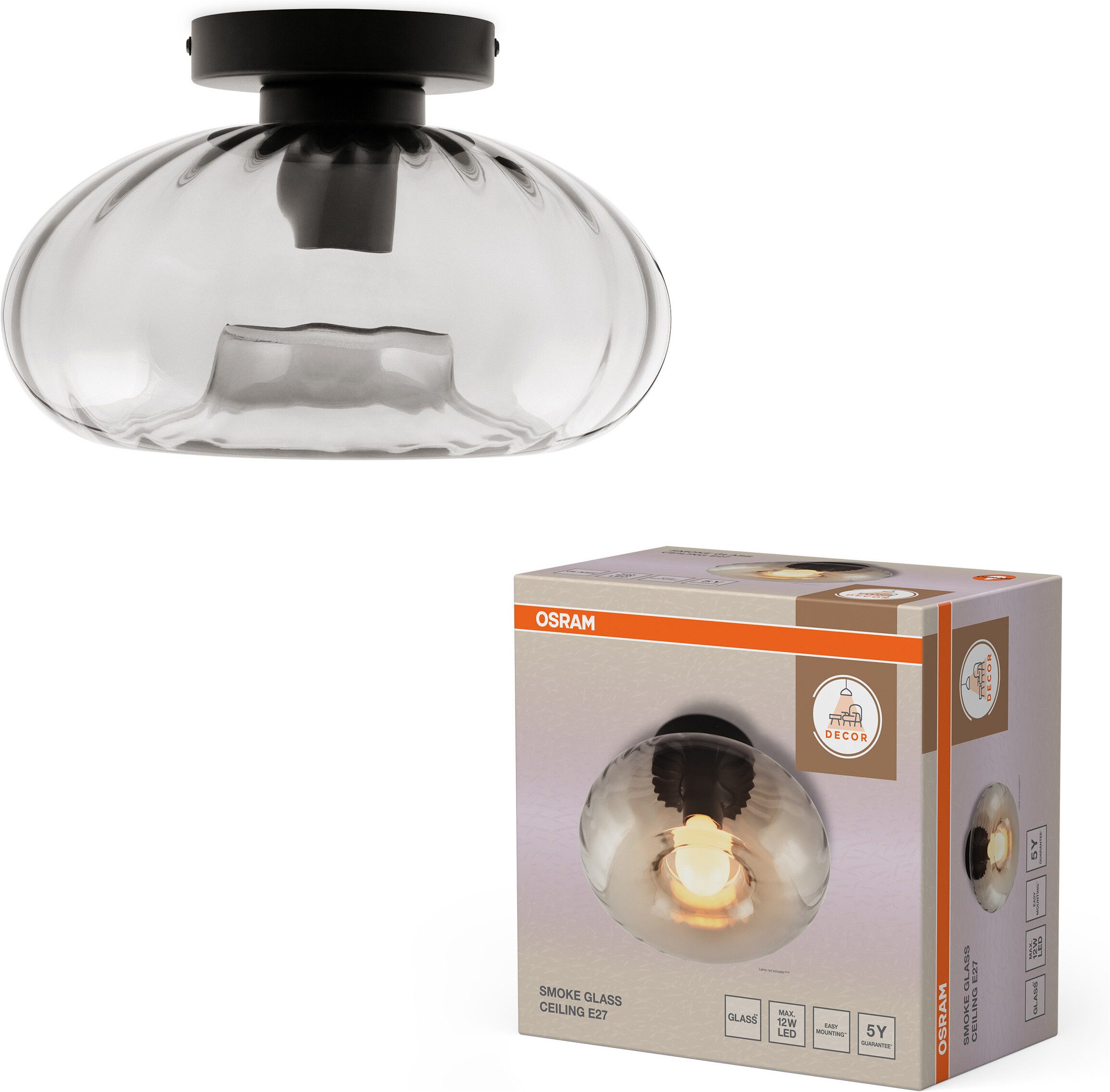Osram Deckenleuchte Decor Smoke Glass, ohne Leuchtmittel, schwarz, E27, Stahl und Glas