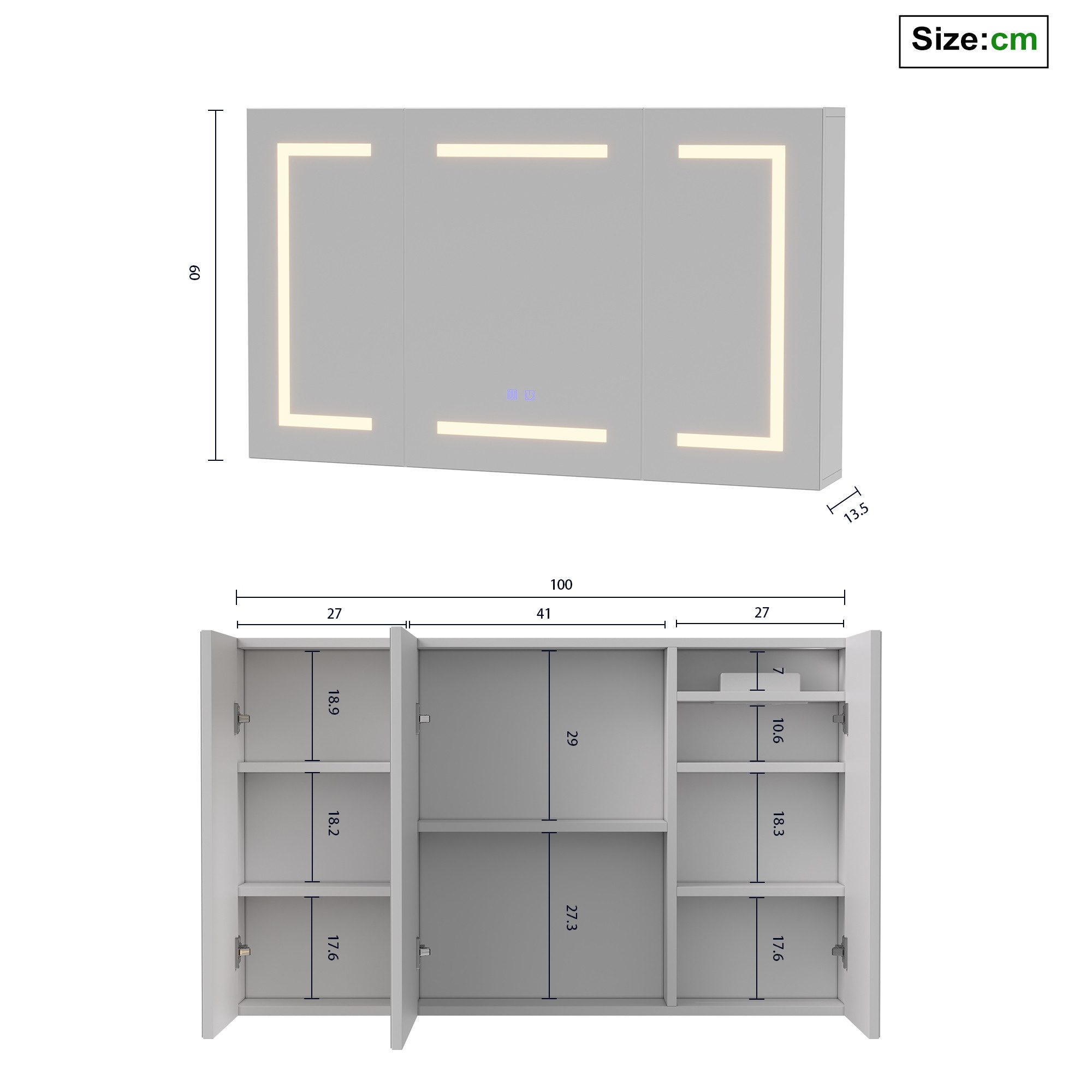 Simurq Spiegelschrank Badezimmerspiegelschrank 3 türig Hängeschrank mit LED Beleuchtung (3 Farbtemperaturen Dimmbar) Badspiegelschrank 100 x 13,5 x 60 cm mit Steckdosen, Anti-Fog
