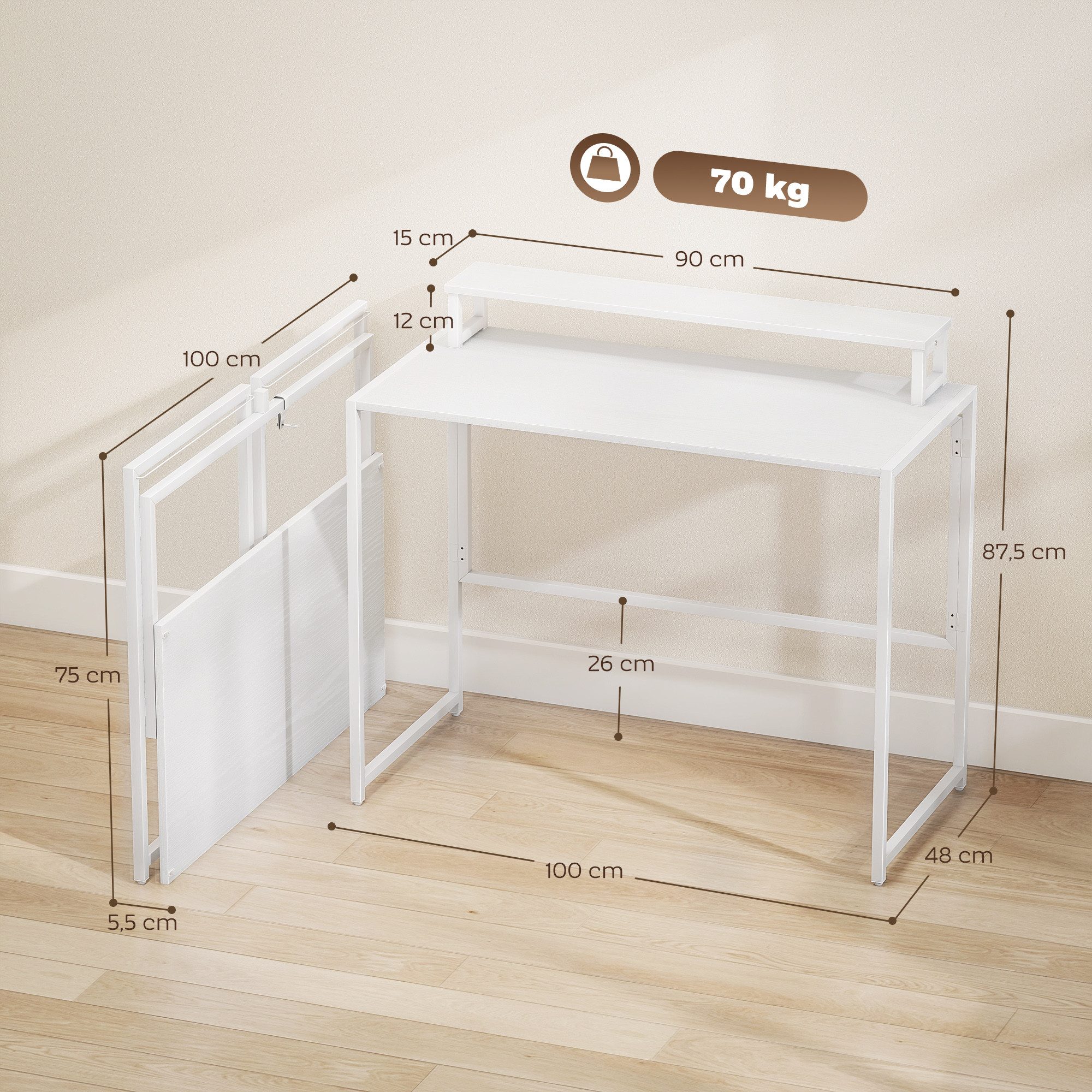 HOMCOM Schreibtisch Klapptisch Platzsparend Bürotisch mit Monitorhalterung (Klapptisch, 1-St., Klappschreibtisch), Computertisch für Home Office, Weiß
