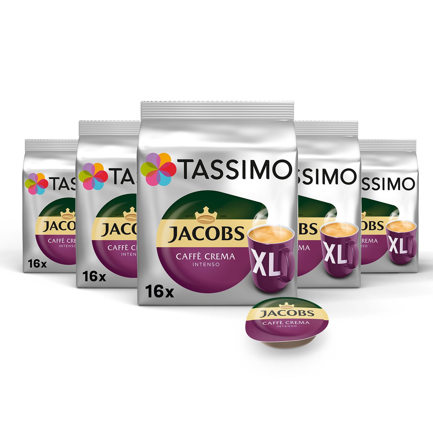 TASSIMO Kaffee Kapseln Jacobs Caffè Crema Intenso XL T Discs 5x16 Getränke, 720 g, (Packung, 5er Pack)