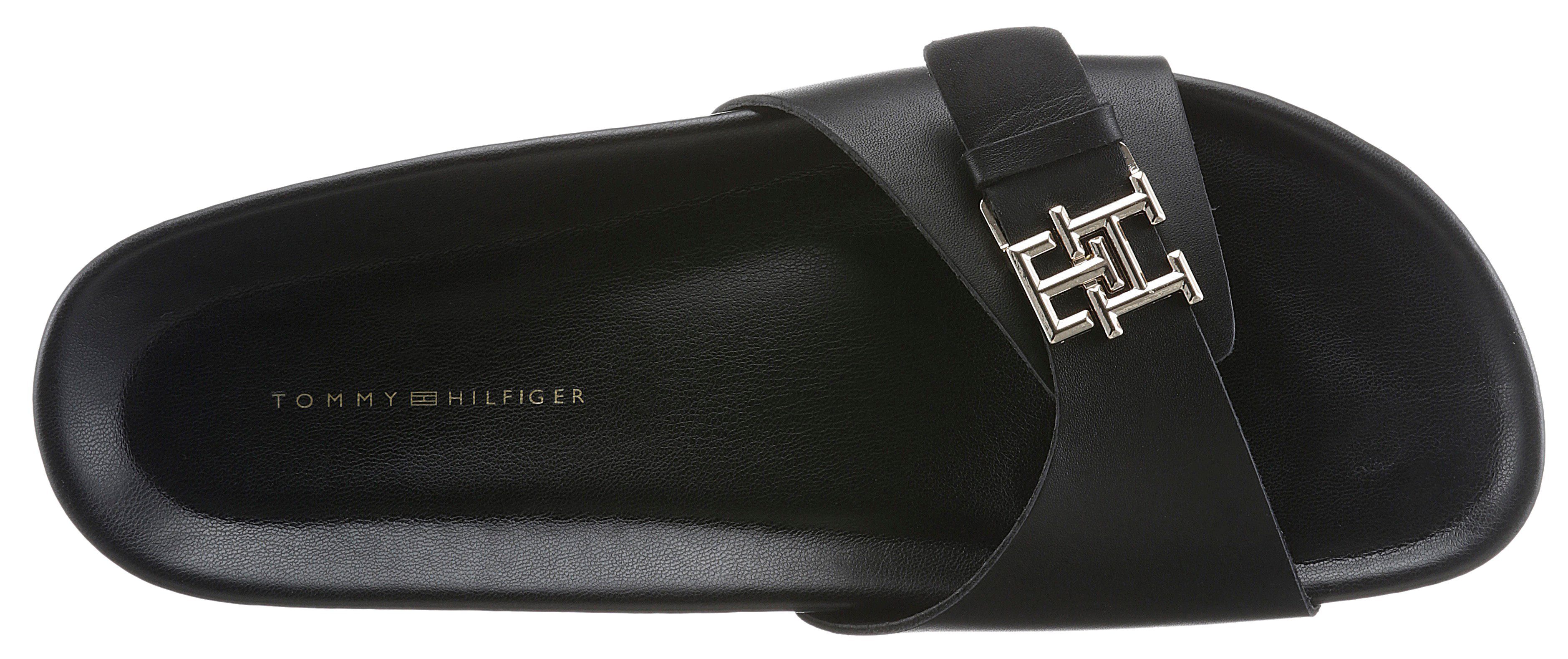 Schnalle LEATHER SANDAL Tommy Pantolette schwarz TH mit verstellbarer MULE Hilfiger