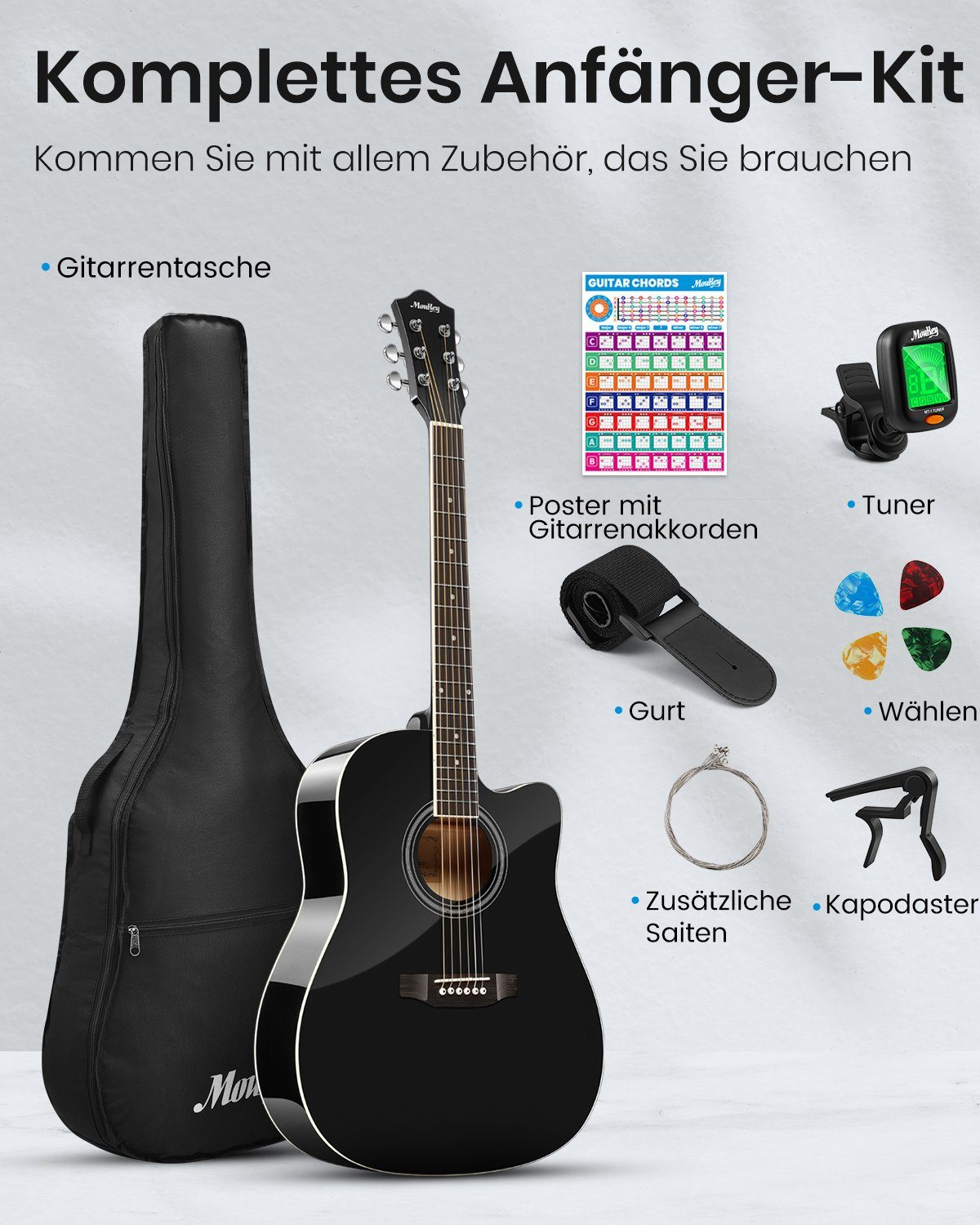 Moukey Akustikgitarre Akustische Gitarre Cutaway 41 Zoll MBG-01, Für Anfänger,Vollgröße