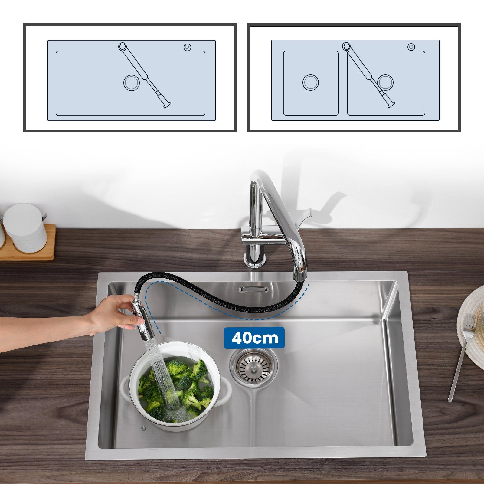 Auralum Küchenarmatur 360°Drehbar Ausziehbar Küchenarmatur Wasserhahn Silber Edelstahl Brause 2