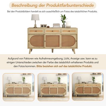 Merax Sideboard Landhausstil mit Schublade und 6 Fächer, Kommode mit Rattangeflecht, Anrichte, TV-Board, B:140cm