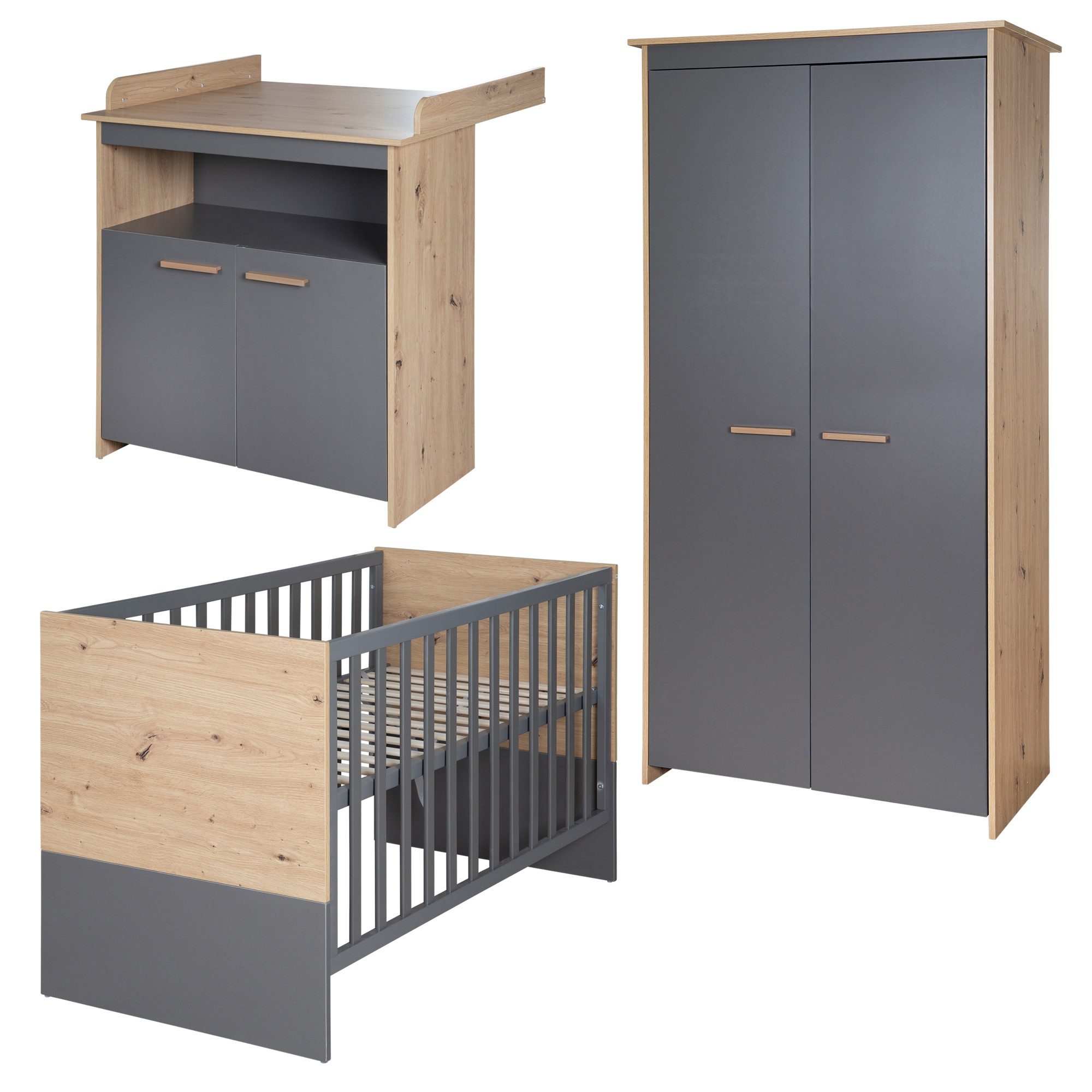 roba® Babyzimmer-Komplettset Anna - aus Holz - in Anthrazit mit Dekor Kent Eiche - moderne Optik, (3-teilig), Baby- & Beistellbett 60 x 120 cm, Wickelkommode & Kleiderschrank