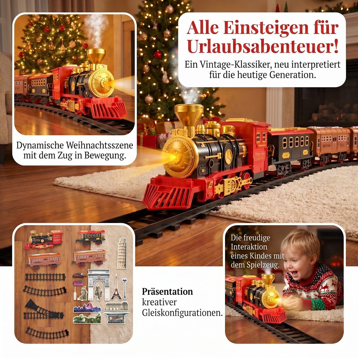 TEMI Spielzeug-Zug Elektrische Dampfeisenbahn Spielzeugset mit Rauch & Licht, (Set, 1)