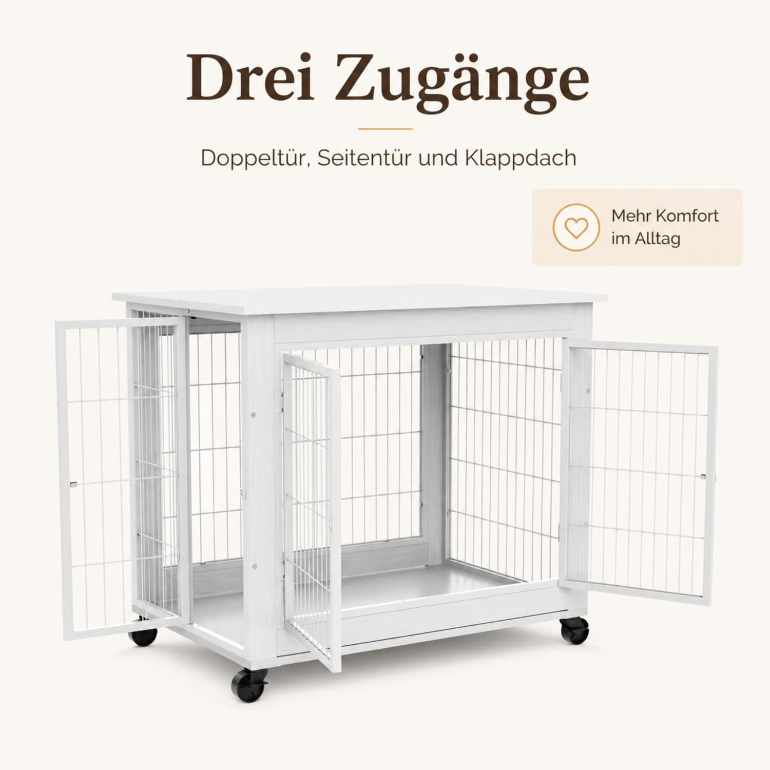 ANYSUN Hundehütte Möbel Hundebox, Hundehütte Innenbereich mit Doppeltür & Rollen, 80 × 56 × 69,5 cm, Klappdach, Stahlgitter & 80 kg belastbar