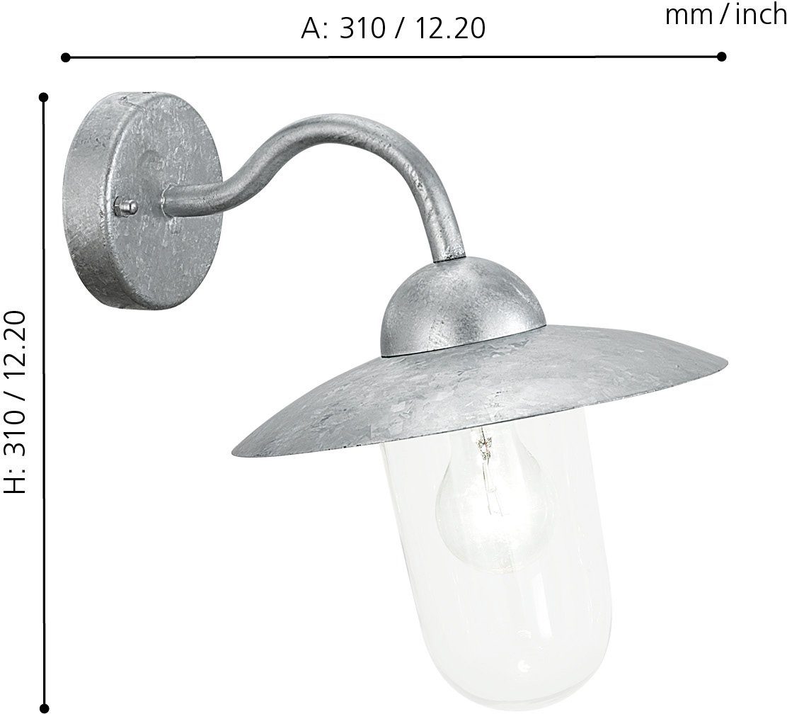 EGLO Wandleuchte MILTON Wandlampe, E27, IP44, Stahl und Glas, Außenlampe, Garten, Lampe, ohne Leuchtmittel, Wand-/Deckenleuchte, H31 x AL31 cm, feuerverzinkt, 1X60W exkl.