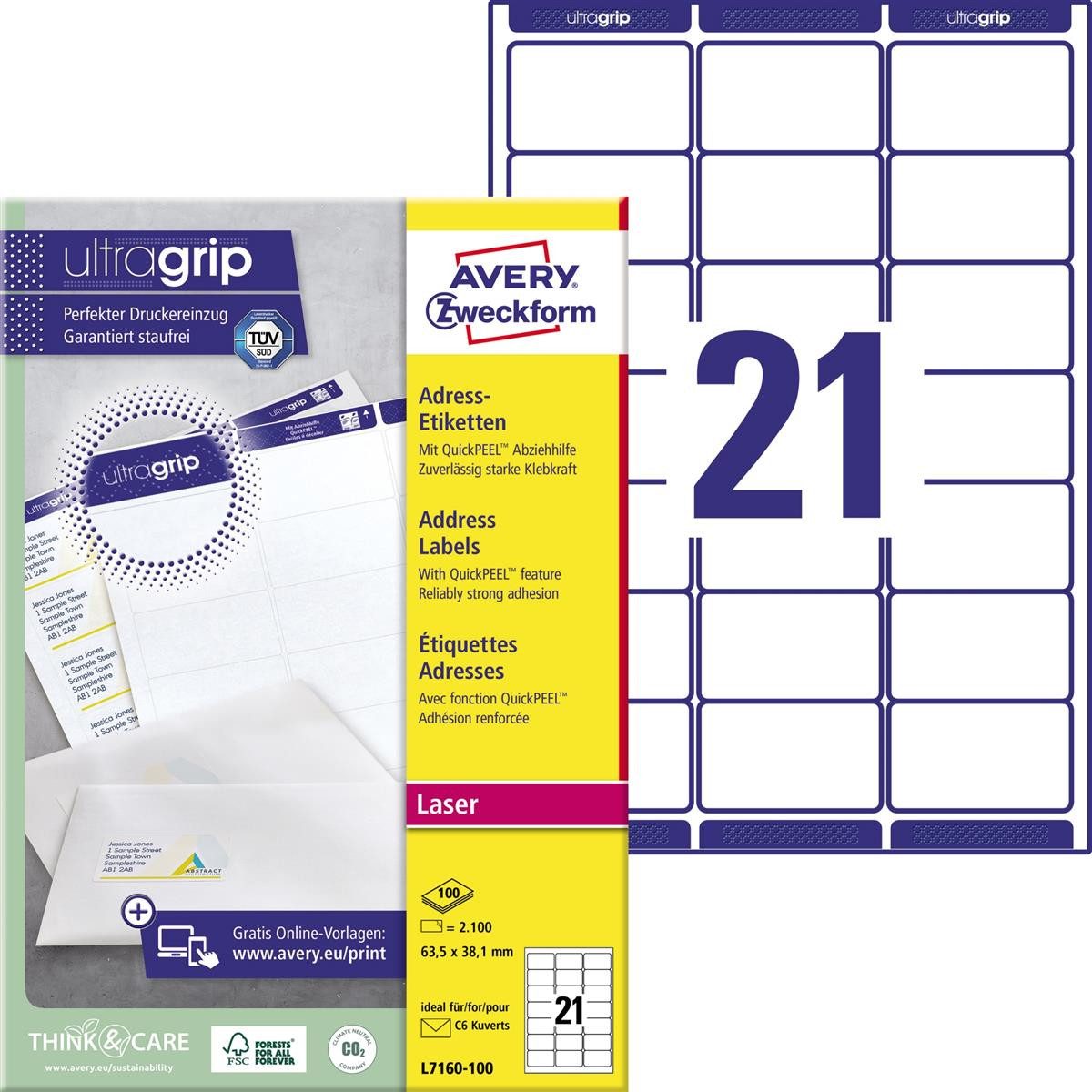 Avery Zweckform Etikett L7160-100 L7160-100 Adress-Etiketten - 635 x 381 mm weiß 2.100 Etikett