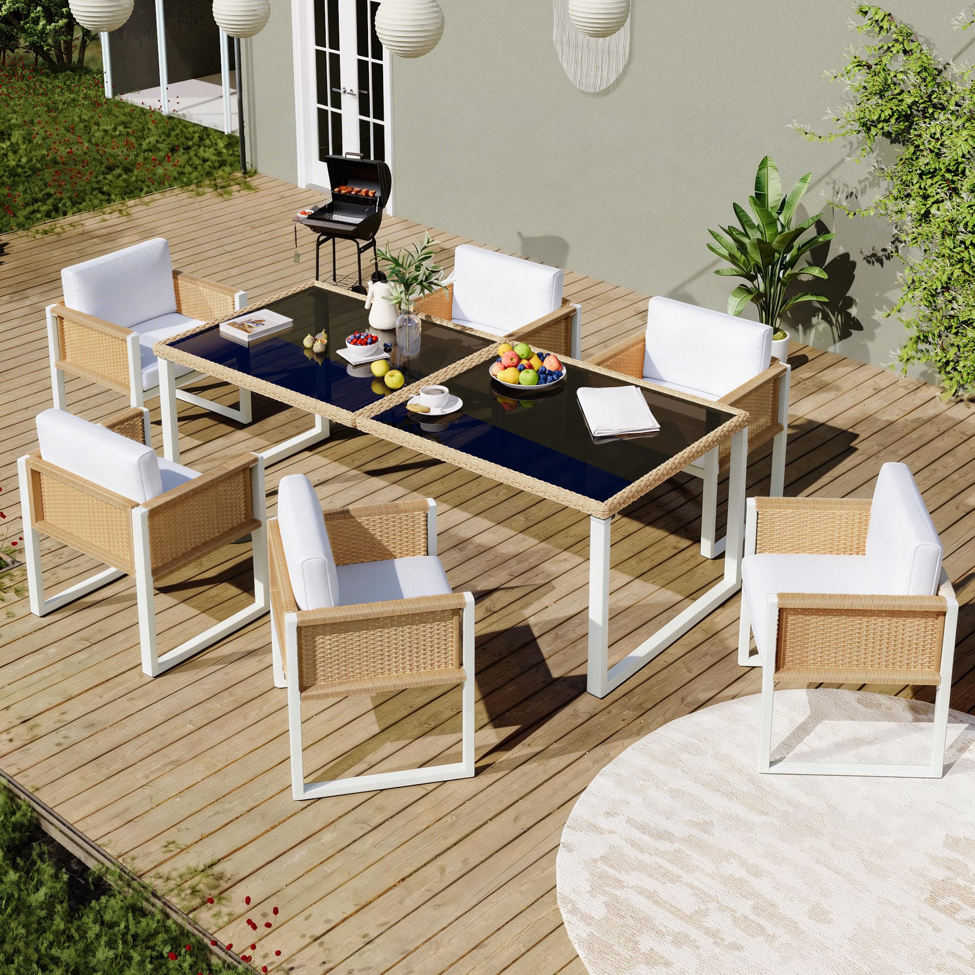 Merax Garten-Essgruppe Polyrattan-Esstisch- und Stuhlset für 6 Personen, (7-tlg), Gartenmöbel mit Kissen, gehärteter Glasplatte, verstellbaren Füßen