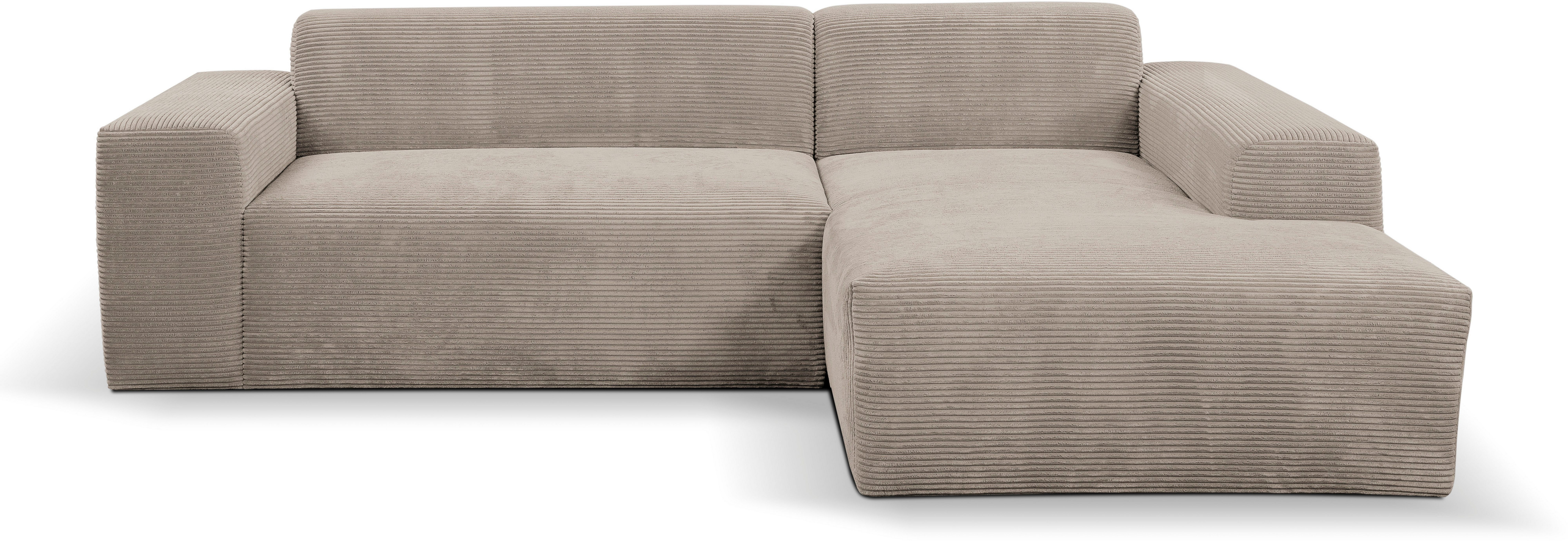 WERK2 Ecksofa Zeus-L 253 cm breit, bequemes Cord-Sofa in L-Form, urbanes Design, Organische curvy-trend Couch mit großer Komfort-Ottomane