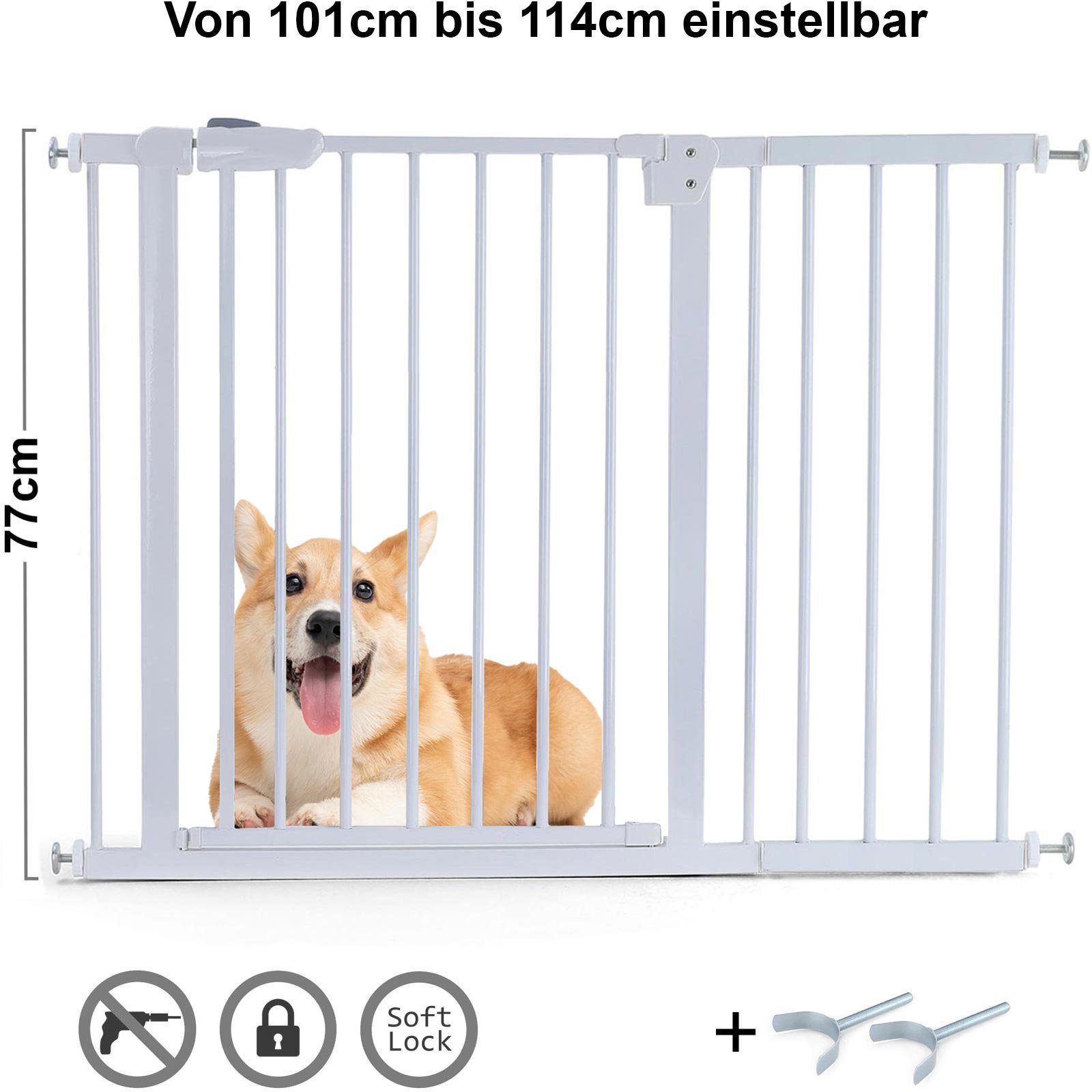 RAMROXX Treppenschutzgitter Absperrgitter Treppenschutz Metall weiß + Y Halter 77cm 101-114cm