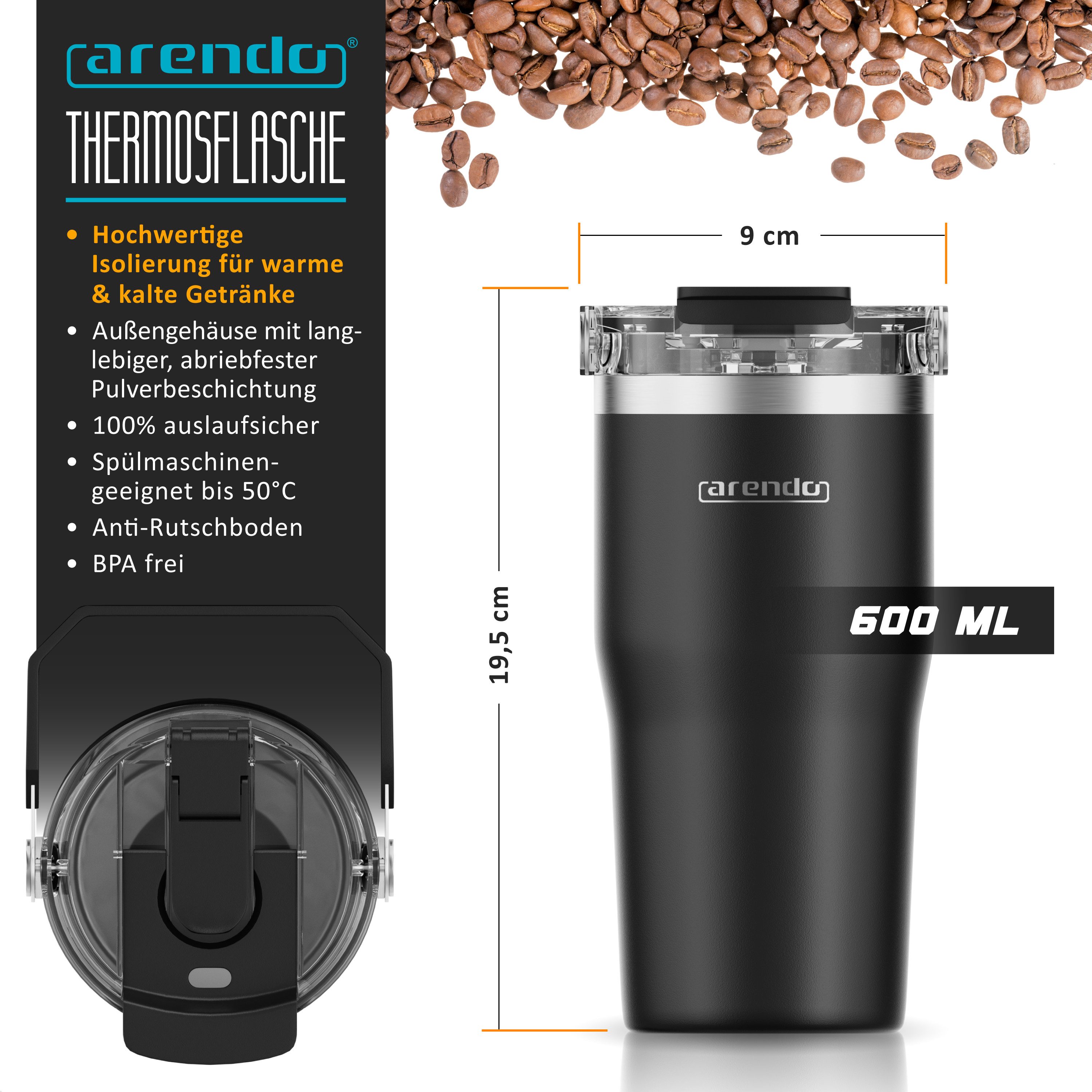 Arendo Thermobecher Thermal Mug 600 ml, Kaffee to go Becher mit Deckel aus Edelstahl 0,6 L, 1-tlg., Edelstahl (SUS304 innen, SUS201 außen); Deckel aus Kunststoff (BPA-frei), hält 12h heiß & 6h kalt, doppelwandig, 100% auslaufsicher, Coffe-to-go