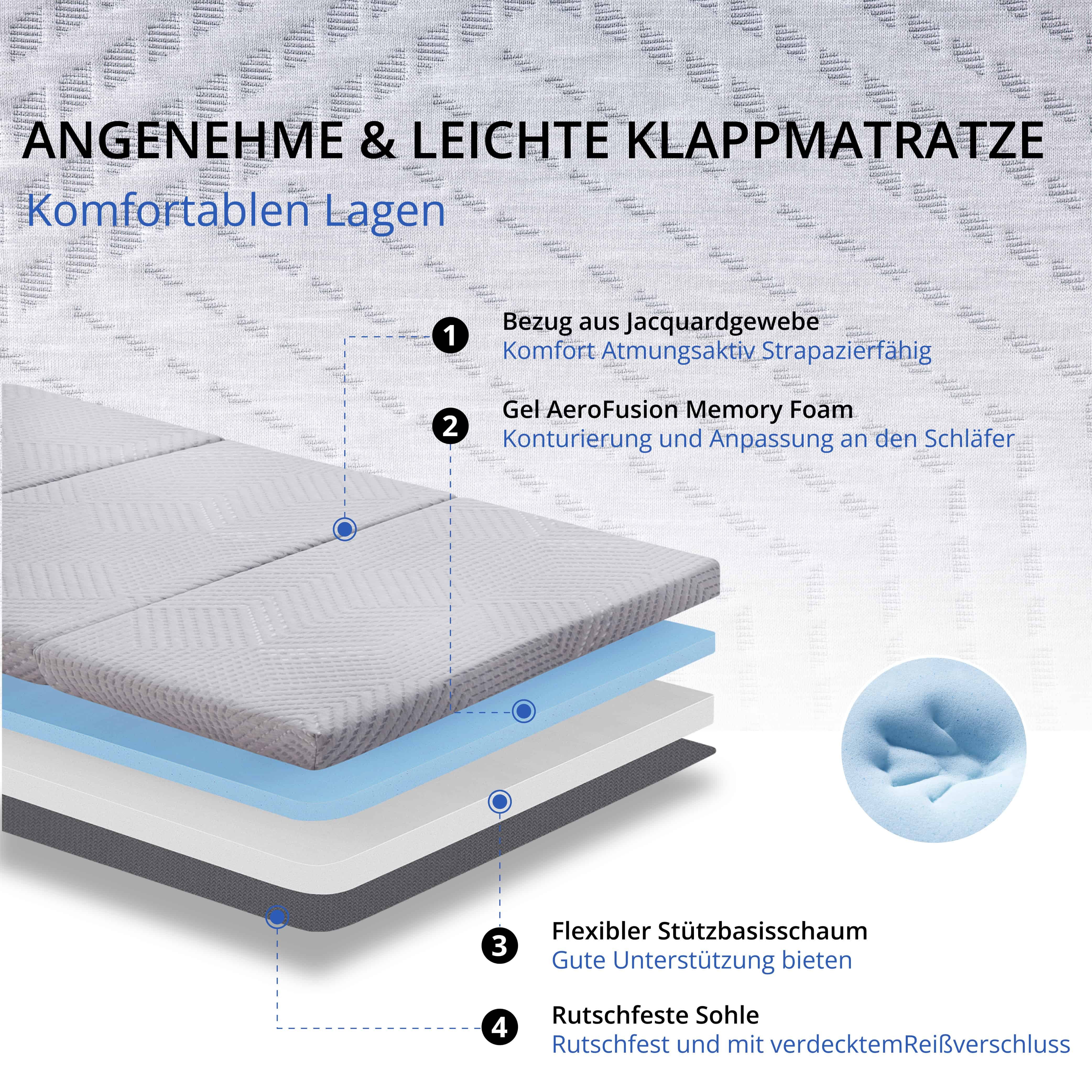 Klappmatratze 3-teilig H3 Faltmatratze Gästematratze Gel Memory Foamkern, Tragegriff, emerspring, 10 cm hoch, Ideal als Gästebett, Bodenmatratze und Campingmatratze