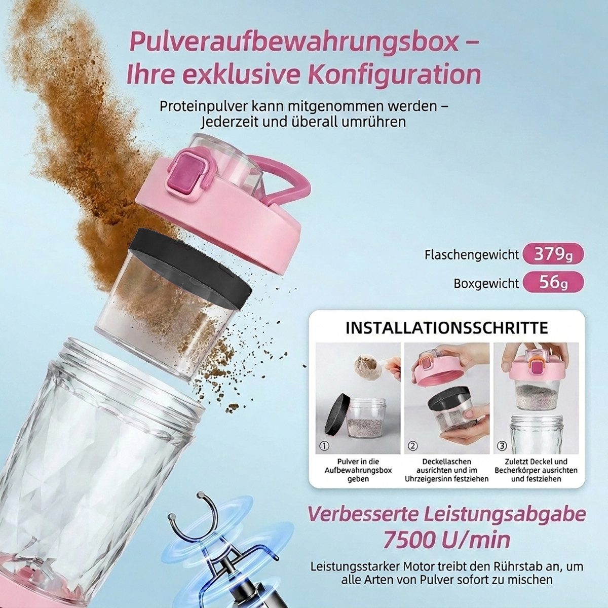 Vashoy Elektrischer Shaker Protein Shaker Elektrisch mit Pulverfach,650ml-Sportbecher, 3 W, BPA-frei, Drehzahl 7500rpm, für Potein Pulver und Milchshake