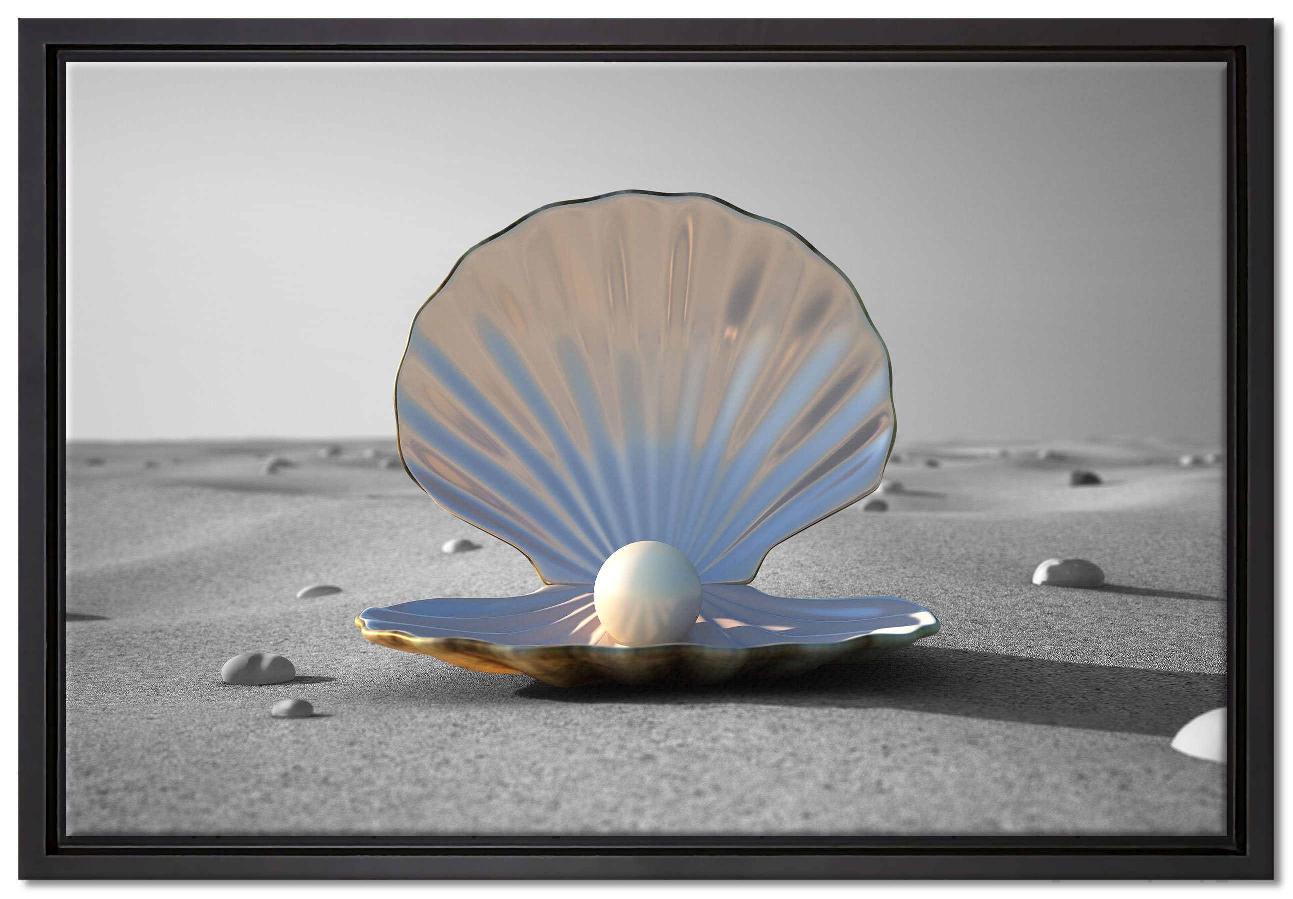 Pixxprint Leinwandbild Perlenmuschel am Strand, Wanddekoration (1 St), Leinwandbild fertig bespannt, in einem Schattenfugen-Bilderrahmen gefasst, inkl. Zackenaufhänger