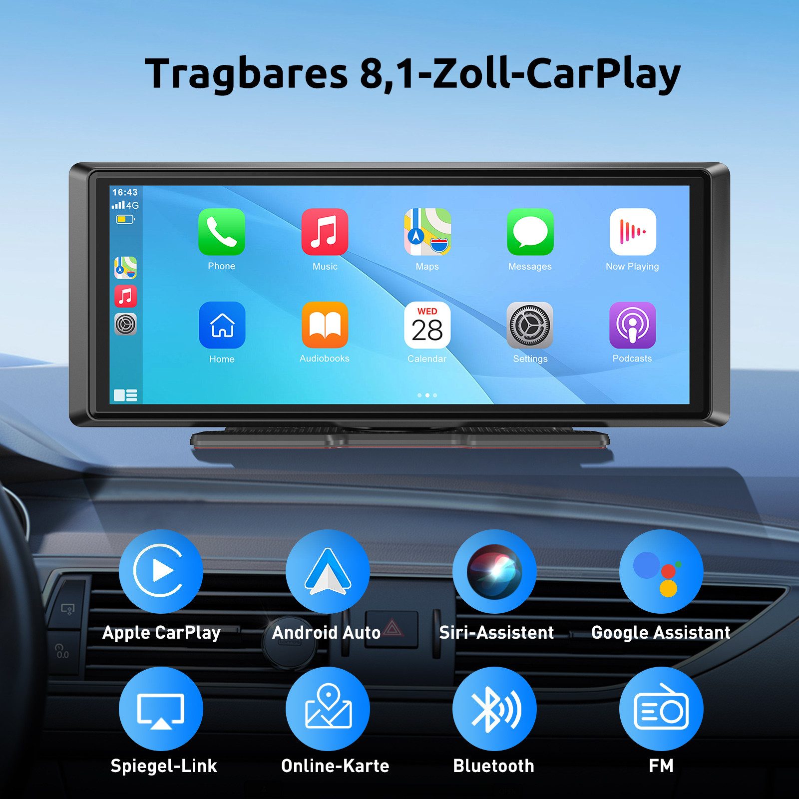 ESSGOO Tragbar Kabellos Apple Carplay Android Auto 8" Touchscreen Bluetooth Navigationsgerät (Autoradio Bluetooth Sprachsteuerung)
