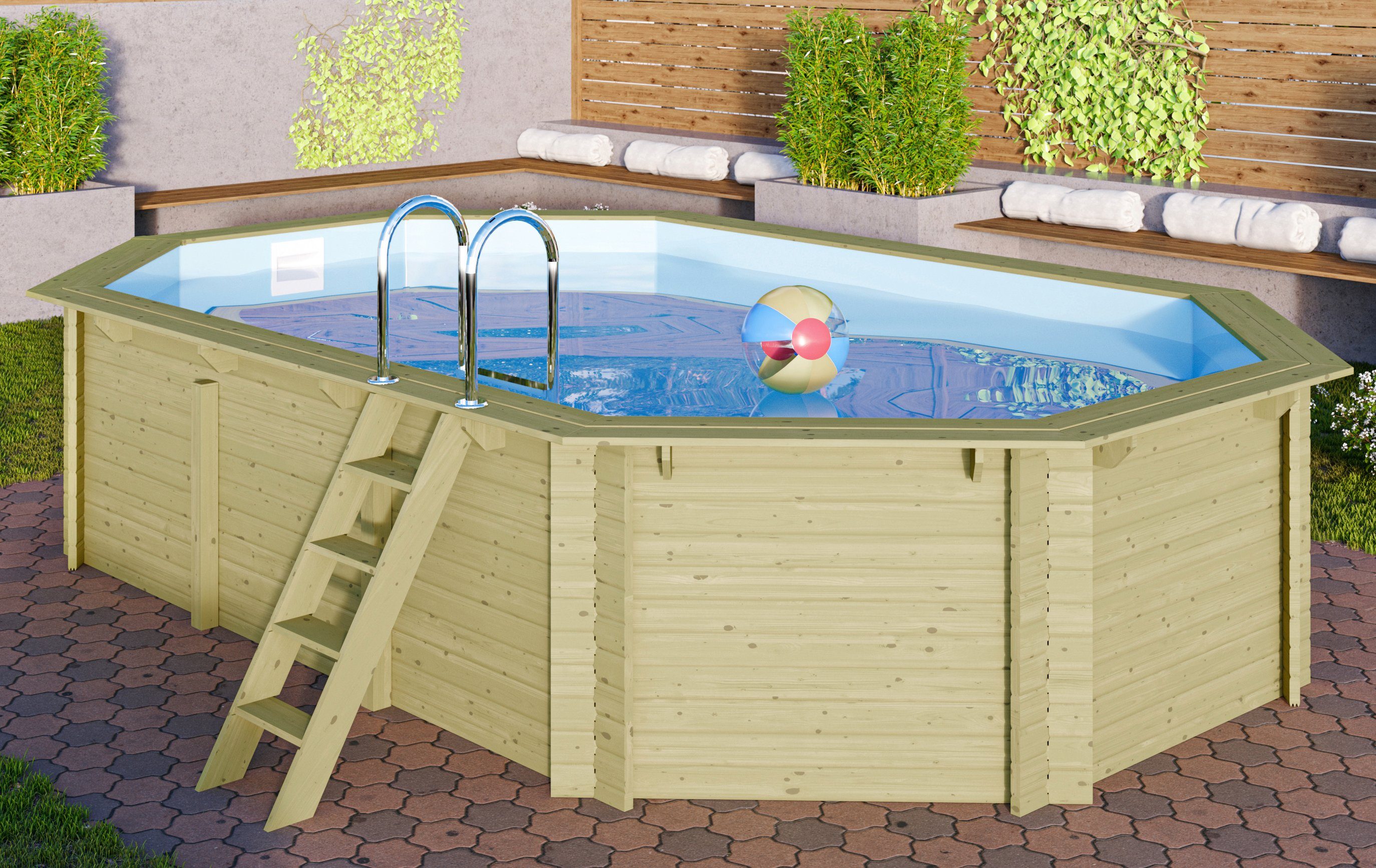 Karibu Achteckpool PALMA Set A BxLxH: 358x569x124 cm (Set, 5-tlg), 38 mm kesseldruckimprägniertes Fichtenholz