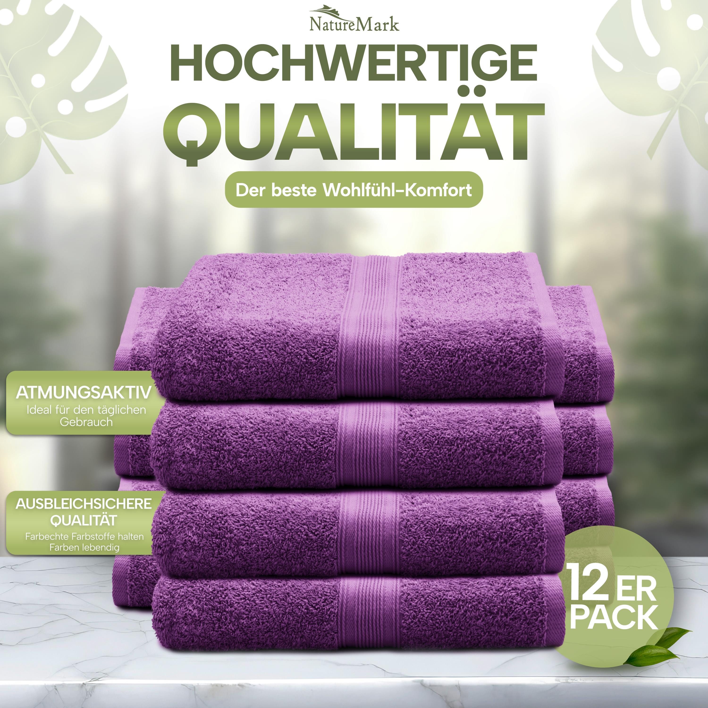 NatureMark Gästehandtuch Gästetuch 500gsm, 100% Baumwolle (12-St), Gästehandtuch Premium Qualität, 30x50cm, Lila