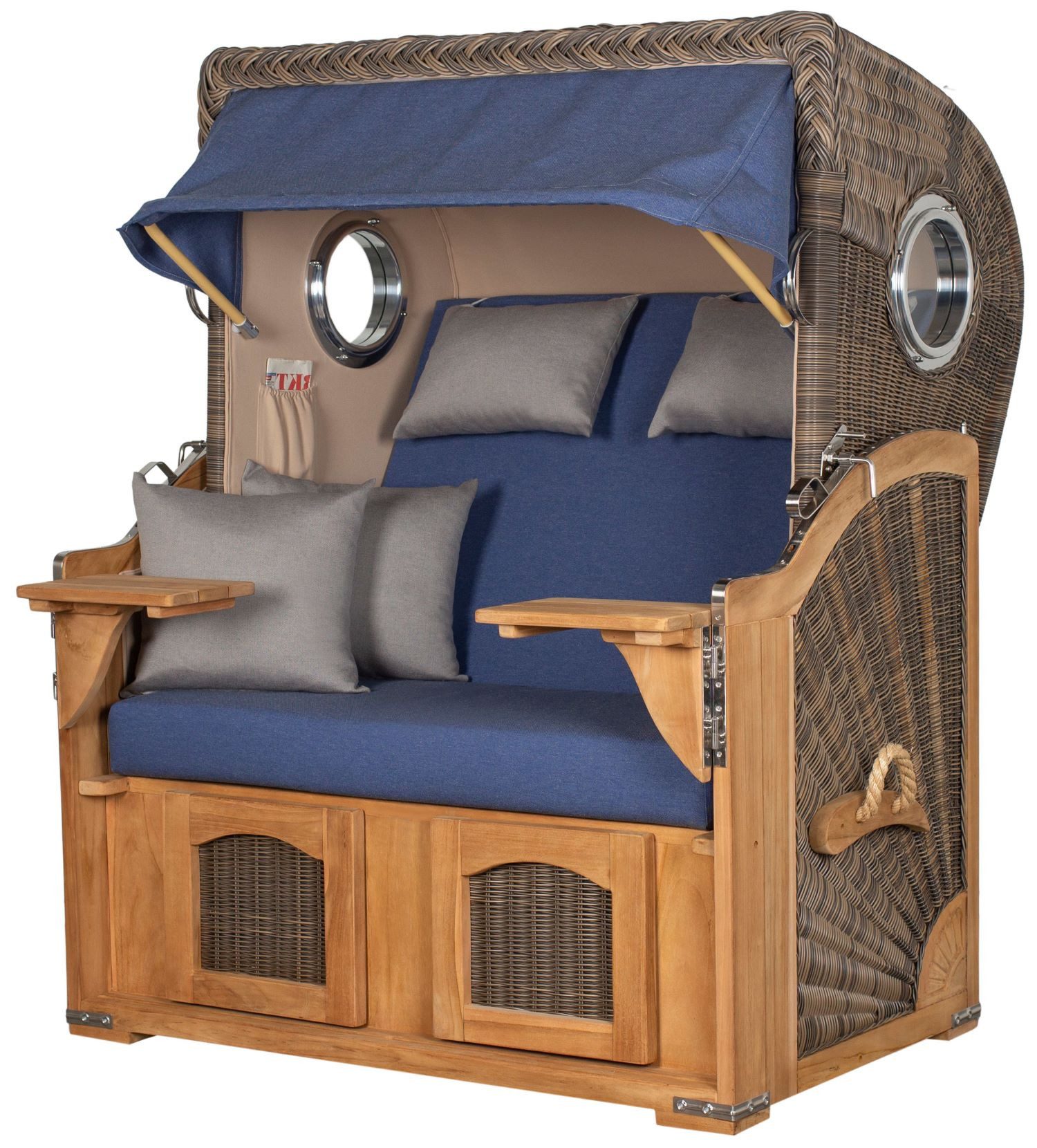 bene living Strandkorb Ammersee 2-Sitzer Teak - PE grau - Modell 595, BxTxH: 125x80x165 cm, Volllieger ca. 175 Grad, Ostsee-Strandkorb Komplettset, inkl. Liftersystem und Bullaugen